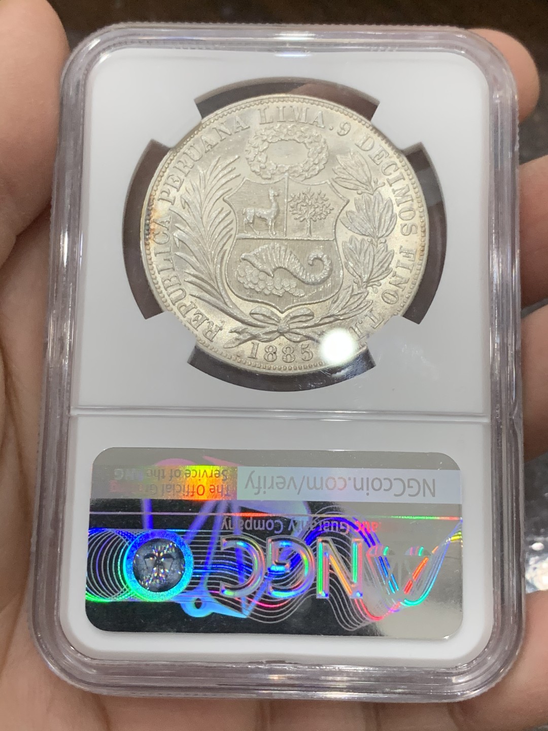 《竞宝斋》第131场-周日，周一连拍 (全场包邮) NGC-MS62 秘鲁 1885年 1索尔 银币 热门中南美 镜面底板 厂别骑字