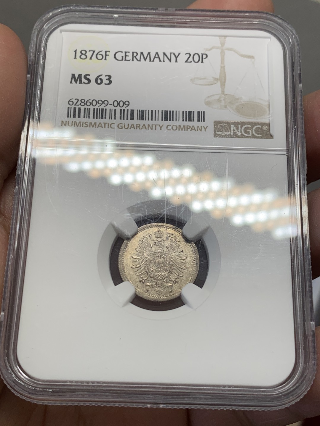 《竞宝斋》第131场-周日，周一连拍 (全场包邮) NGC-MS63 德国 1876年 短翅20芬尼银币 淡灰包浆 无可挑剔的分数