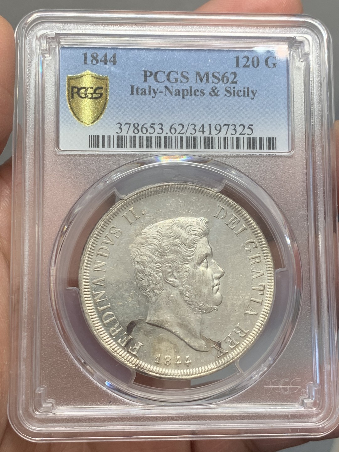 《竞宝斋》第131场-周日，周一连拍 (全场包邮) PCGS唯一冠军分-MS62 意大利那不勒斯&西西里 1844年 120G 银币 很少见年份 几乎无减重痕 十分难得