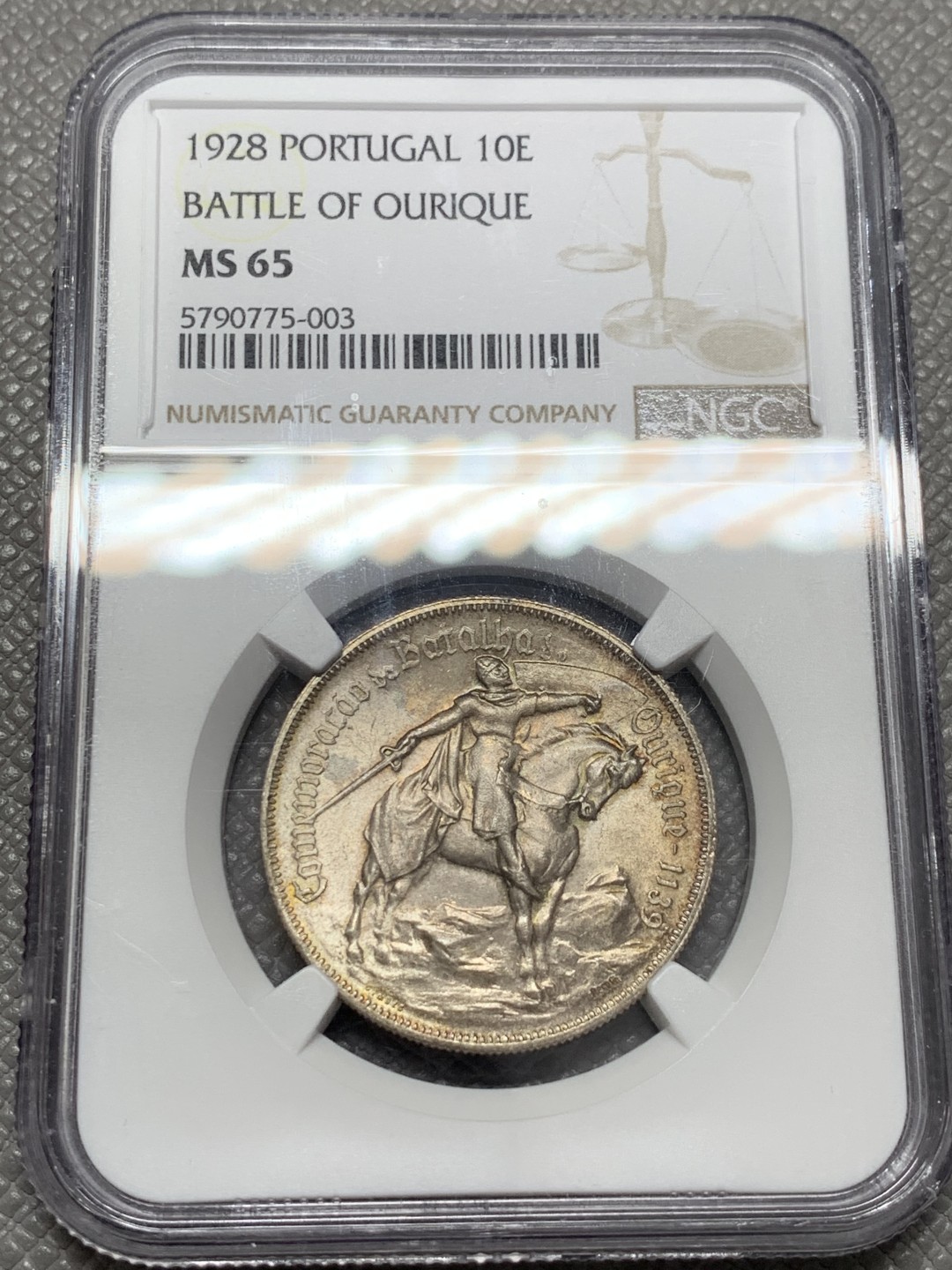 《竞宝斋》第131场-周日，周一连拍 (全场包邮) NGC-MS65 葡萄牙1928年“奥利给战役”马剑10埃斯库多银币 五彩包浆 顶级品相