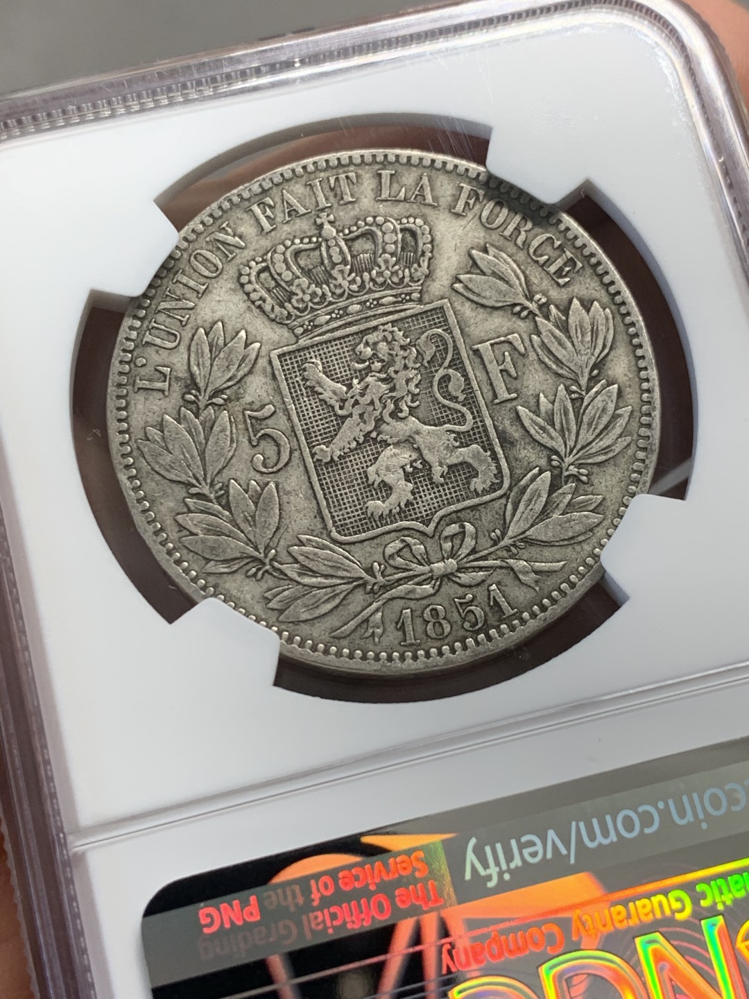 《竞宝斋》第131场-周日，周一连拍 (全场包邮) NGC-XF45 比利时1851年 利奥波德一世 5法郎大银币 原味好品