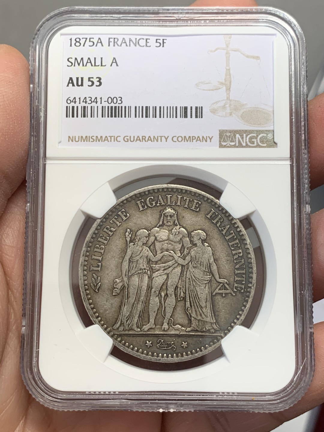 《竞宝斋》第131场-周日，周一连拍 (全场包邮) NGC-AU53 法国 1875年小a版 大力神 5法郎 银币 数量比1873年少太多