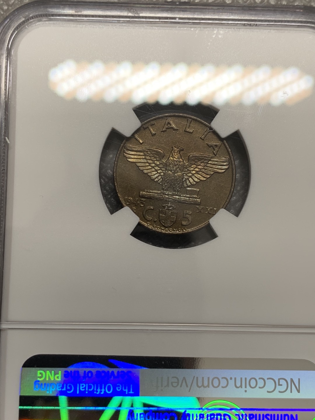 《竞宝斋》第131场-周日，周一连拍 (全场包邮) NGC MS64BN，意大利1943年5分铜币 极少品种 状态好 巧克力包浆