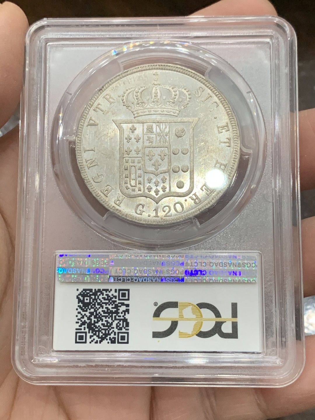 《竞宝斋》第131场-周日，周一连拍 (全场包邮) PCGS唯一冠军分-MS62 意大利那不勒斯&西西里 1844年 120G 银币 很少见年份 几乎无减重痕 十分难得