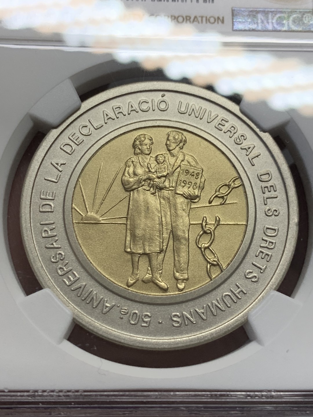 《竞宝斋》第131场-周日，周一连拍 (全场包邮) 唯一冠军分 NGC-MS69 安道尔1998年 人权宣言 20第纳尔大银币 含金1.5克 非常稀少