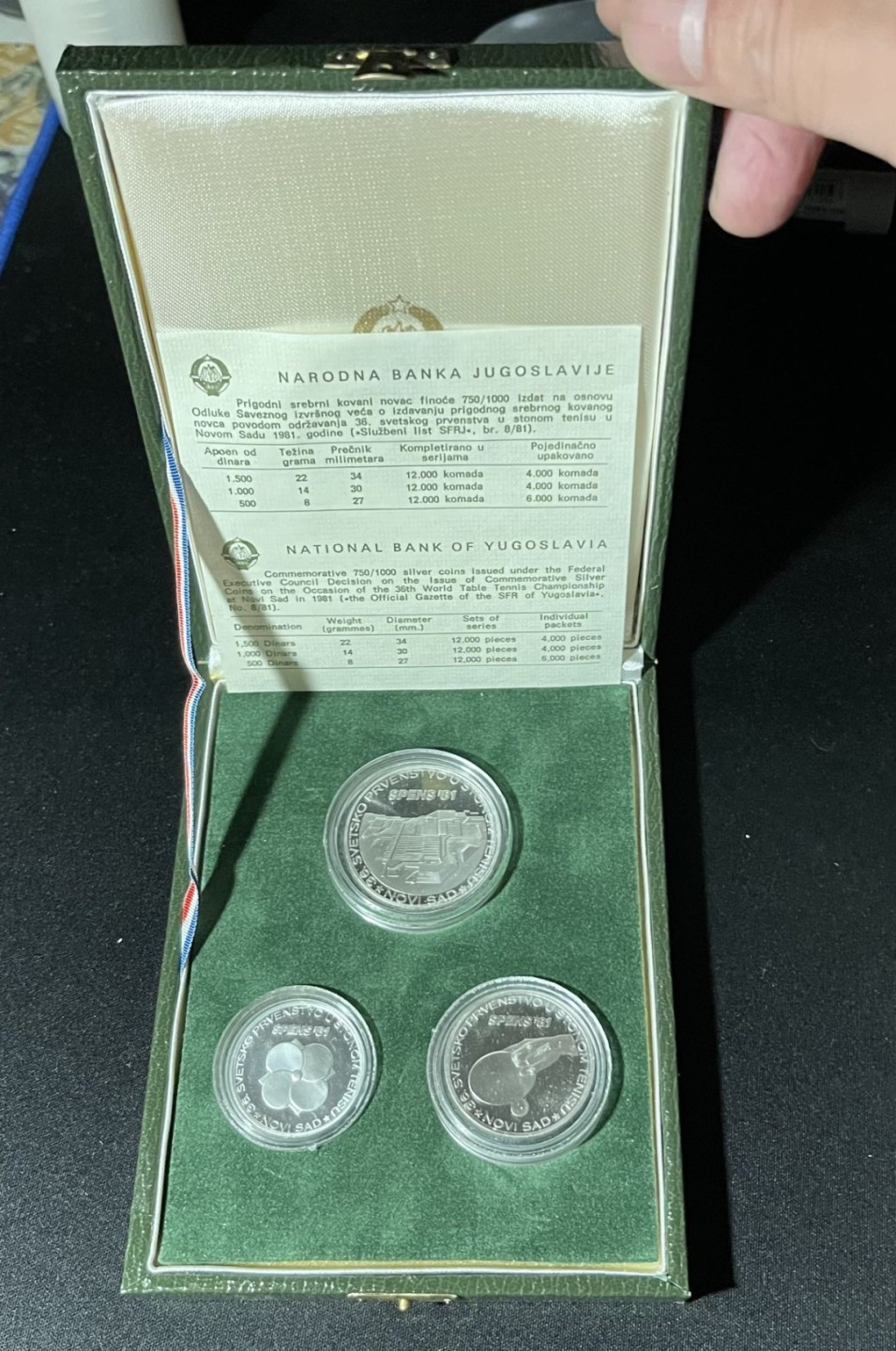 紫瑗钱币——第249期拍卖 南斯拉夫 1981年 世界乒乓球锦标赛 500 1000 1500第纳尔 银币 三枚一套 原盒证书