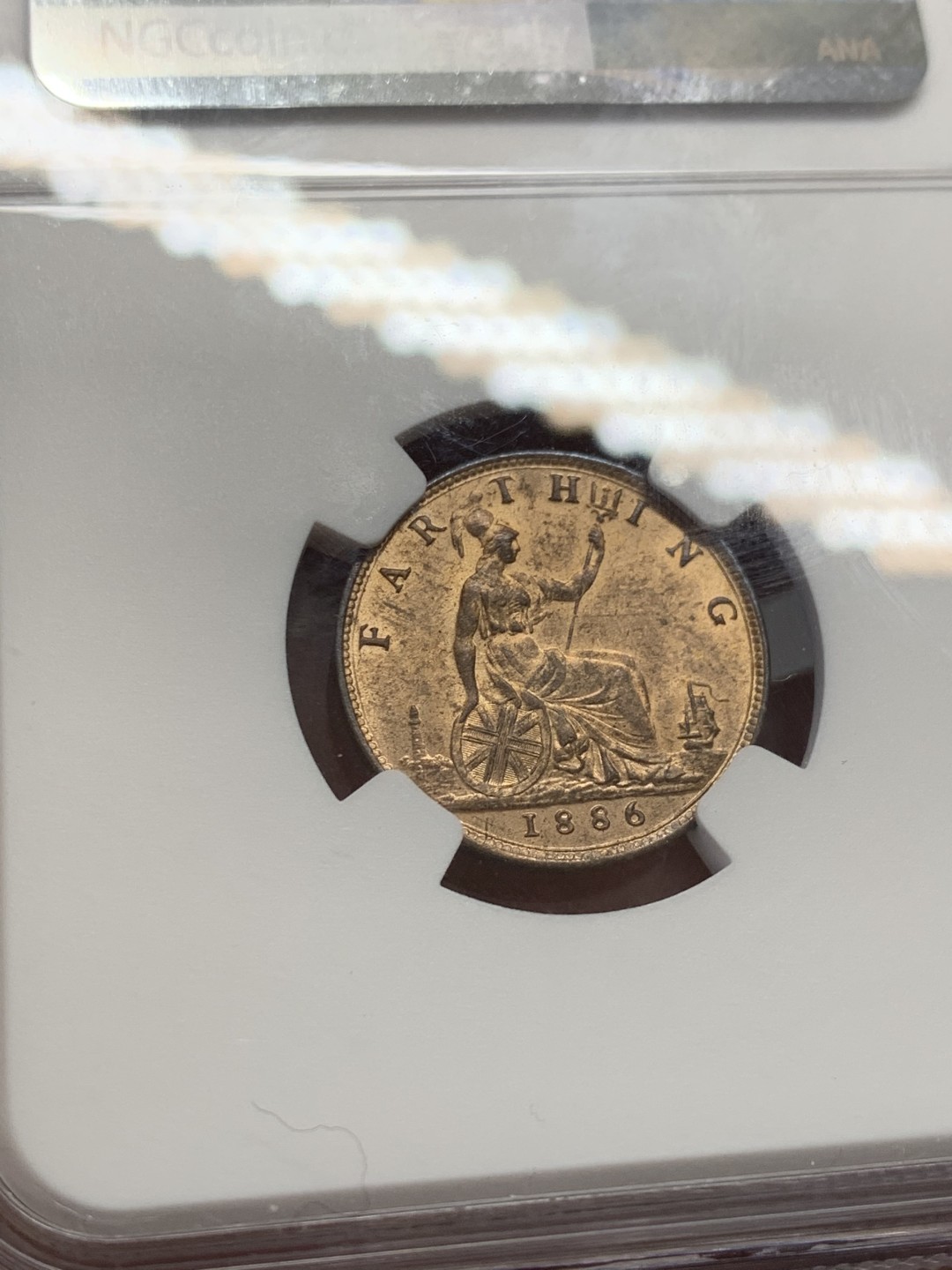 《竞宝斋》第131场-周日，周一连拍 (全场包邮) NGC MS64RB 1886年英国维多利亚1/4便士（法新）高分 原味铜币 带车轮光