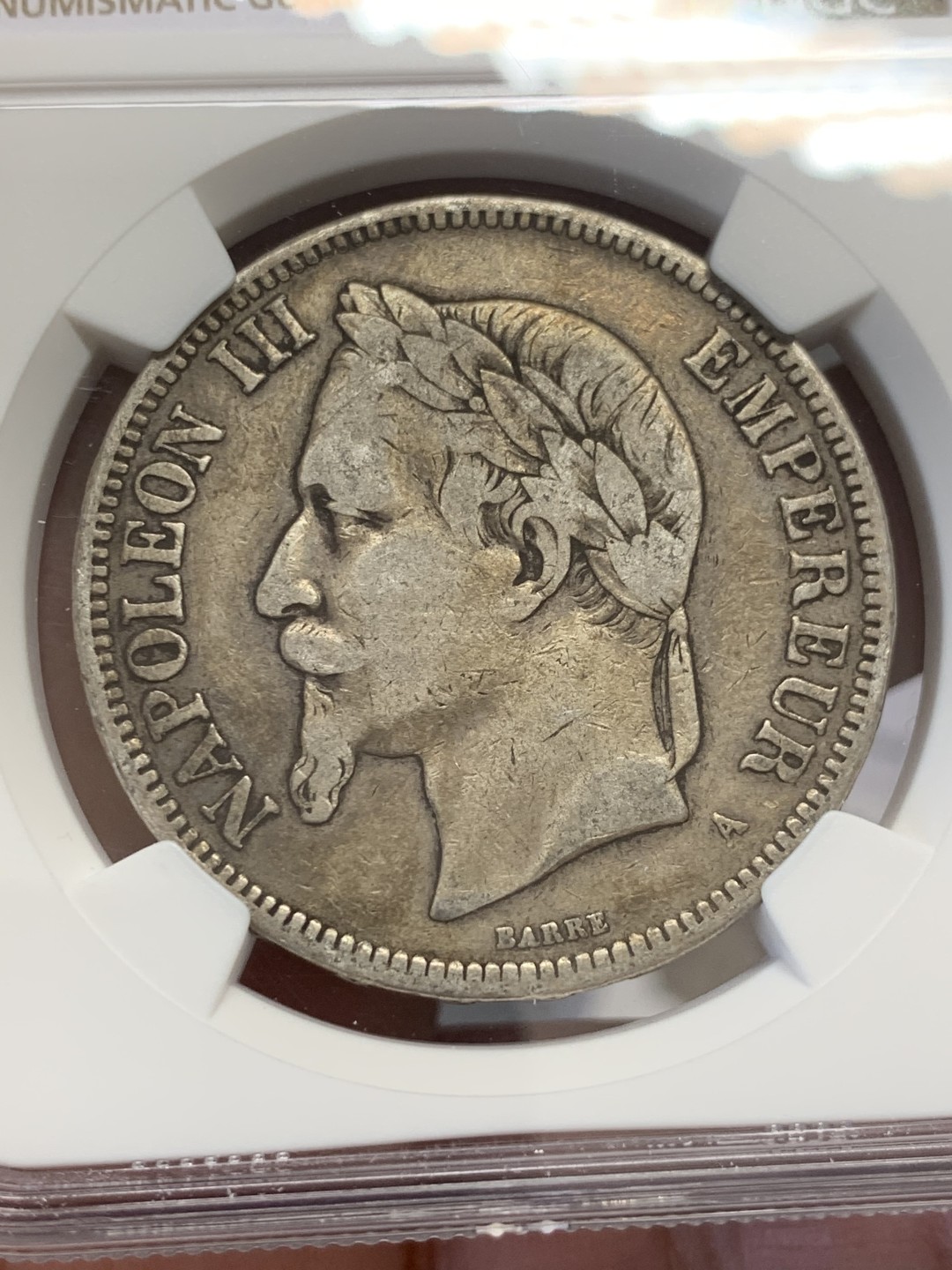 《竞宝斋》第131场-周日，周一连拍 (全场包邮) NGC-XF45 法国 1870年 拿三 5法郎大银币 不多的见年