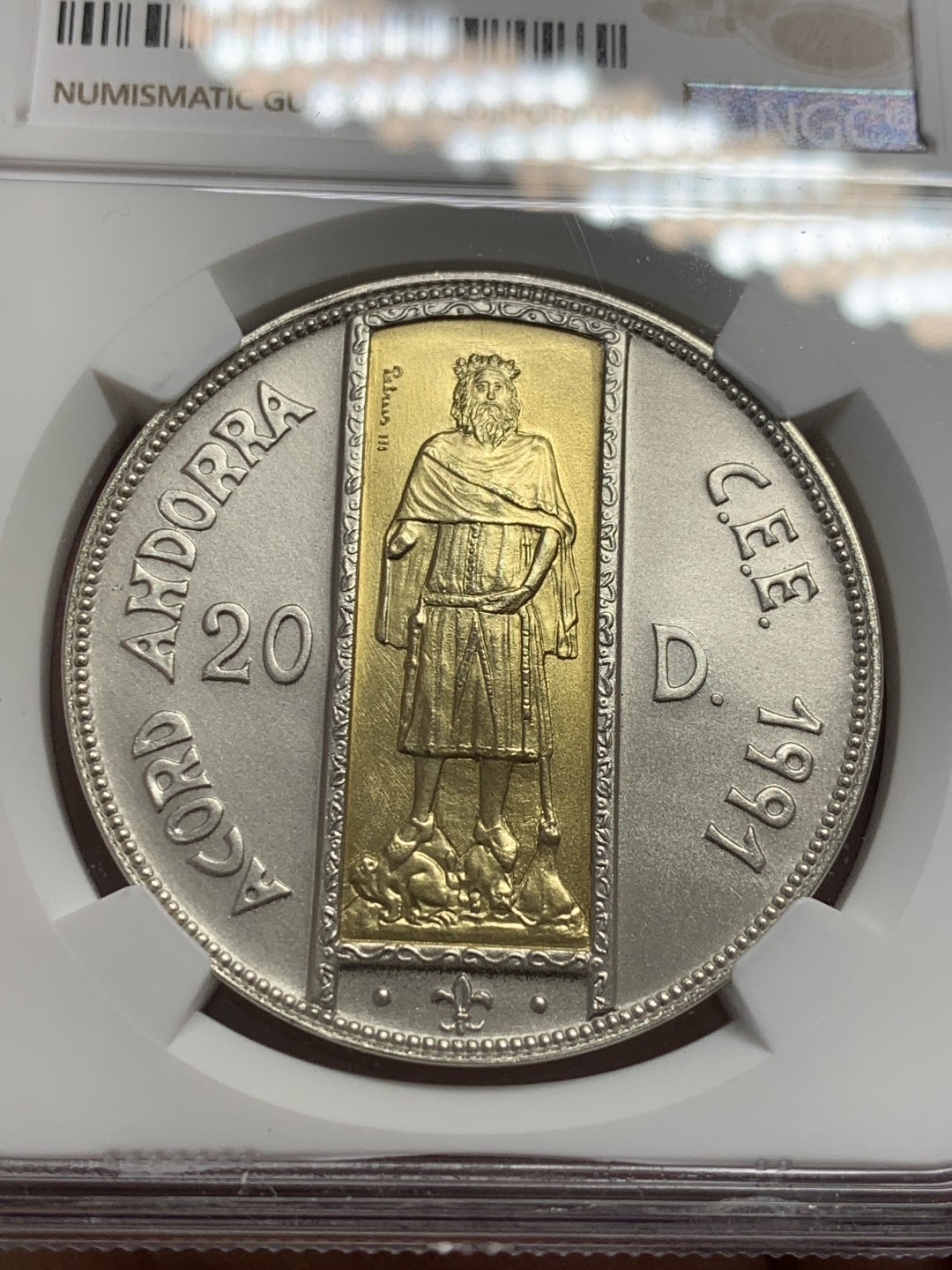 《竞宝斋》第131场-周日，周一连拍 (全场包邮) 唯一冠军分 NGC-MS68 安道尔1994年 巴塞罗那伯爵彼得三世 20第纳尔大银币 含金1.5克