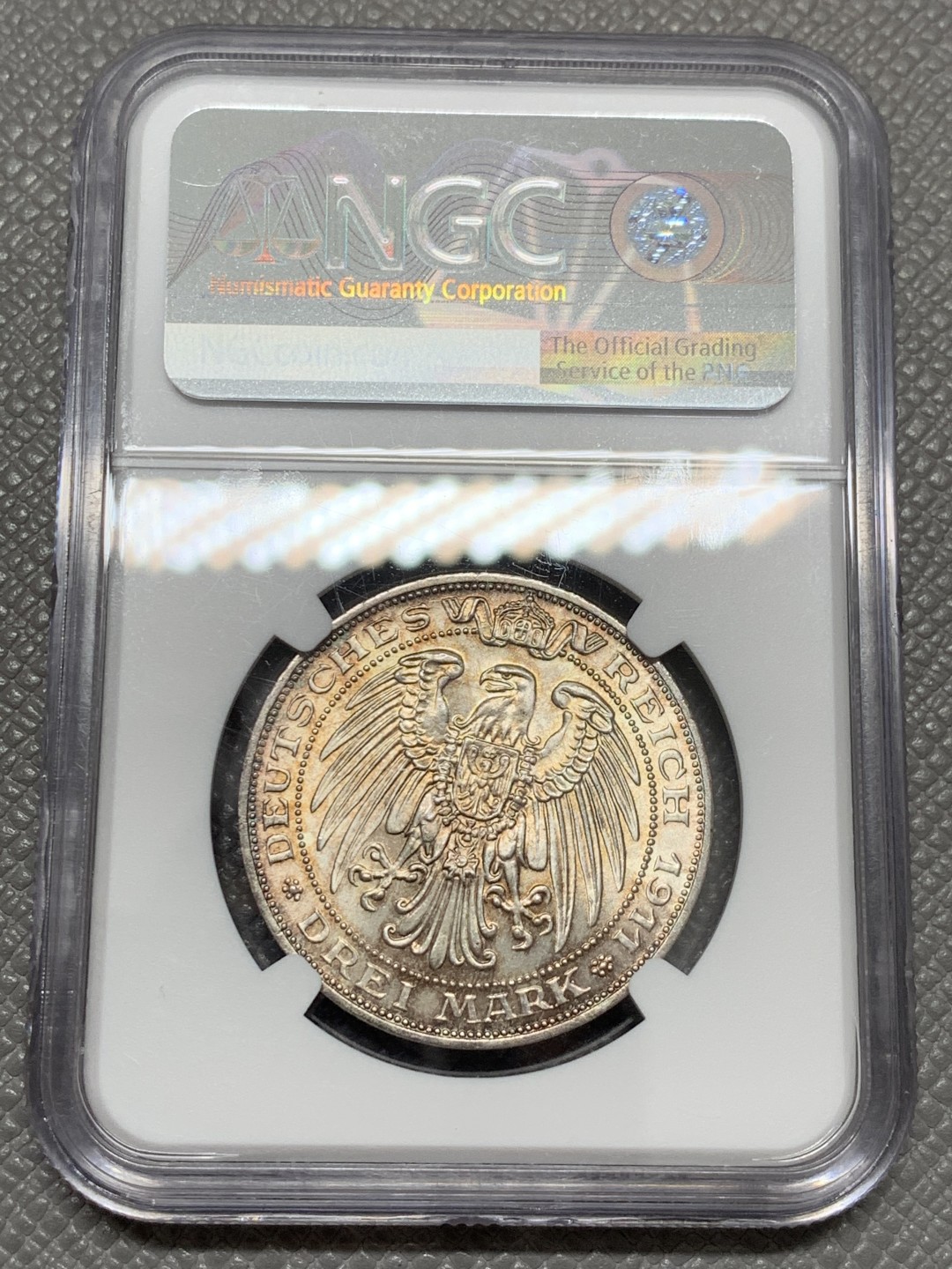 《竞宝斋》第131场-周日，周一连拍 (全场包邮) NGC-MS64 德国普鲁士 1911年布雷斯劳大学3马克 银币 常见品种，淡五彩包浆，转光强烈