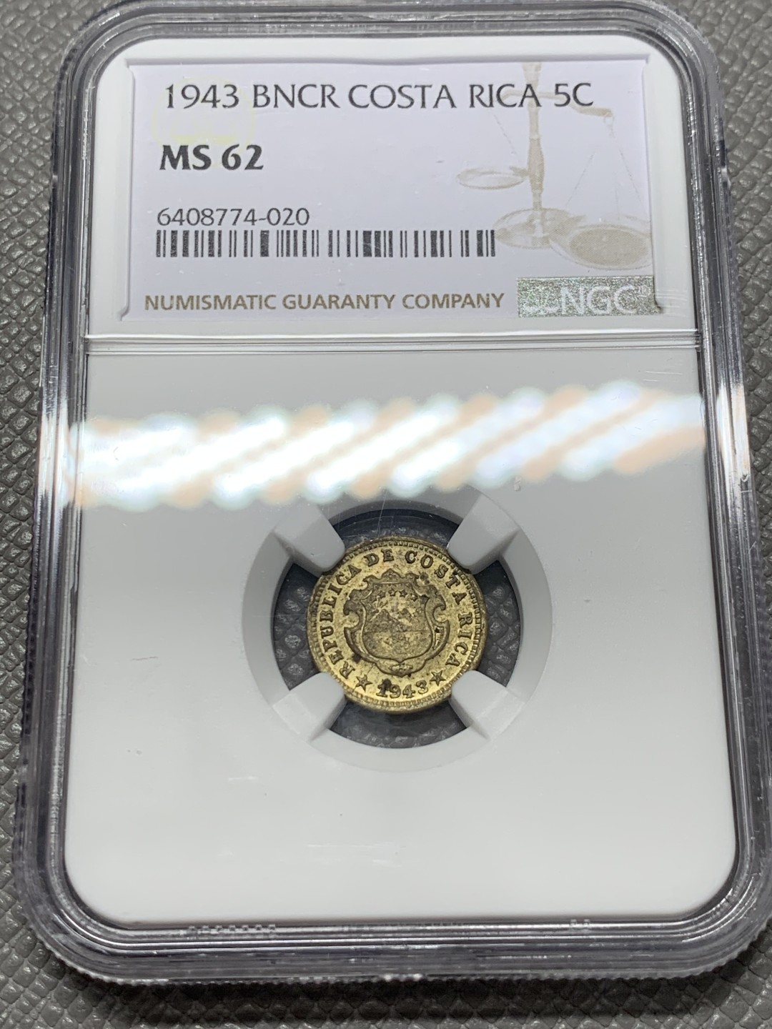 《竞宝斋》第131场-周日，周一连拍 (全场包邮) NGC-MS62 哥斯达黎加1943年 5分黄铜币 中美洲暴涨的品种 好品更加稀少了