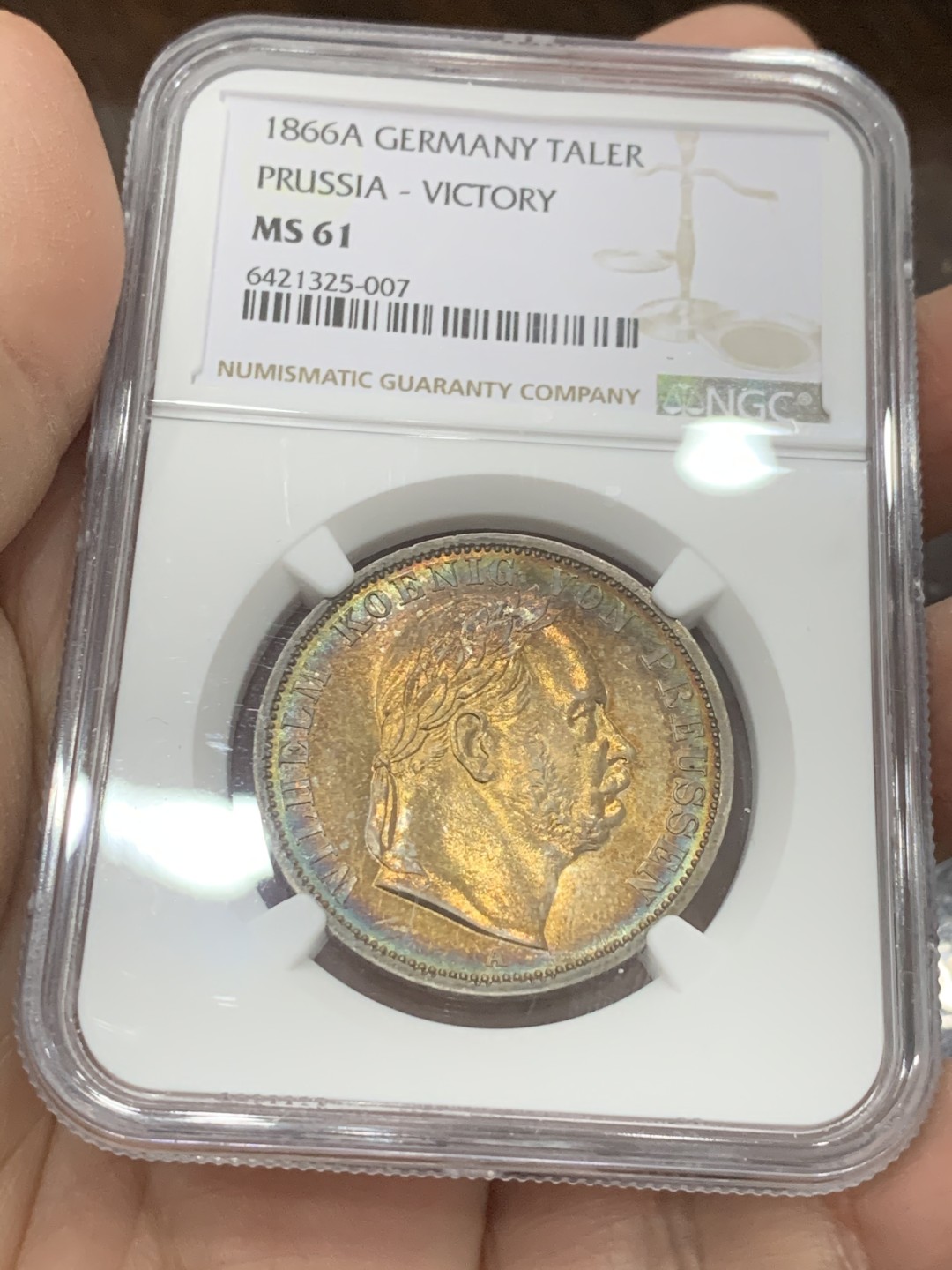 《竞宝斋》第131场-周日，周一连拍 (全场包邮) NGC MS61 1866年德国普鲁士1泰勒银币 五彩转光 非常漂亮