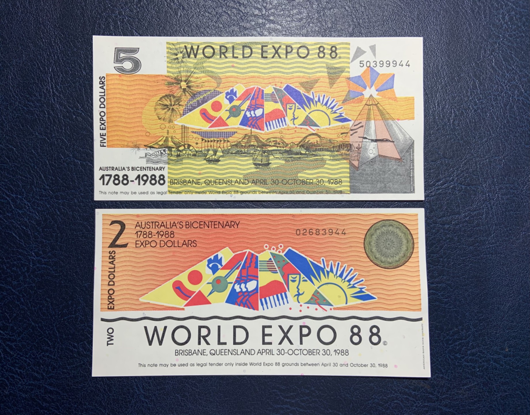 收藏联盟Quantum Auction 第229期拍卖 已更新 澳大利亚1988年布里斯班世博会2-5元代金券 品相全新UNC 尾三同 正面雕刻凹印 