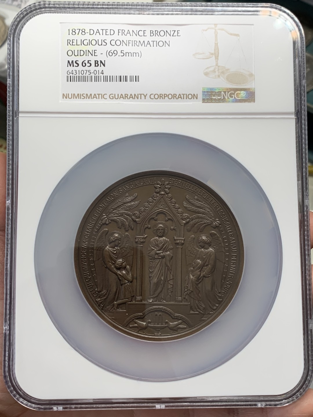 《竞宝斋》第131场-周日，周一连拍 (全场包邮) NGC MS65 1878年法国宗教洗礼大铜章 完美品相 收藏级 大盒封装