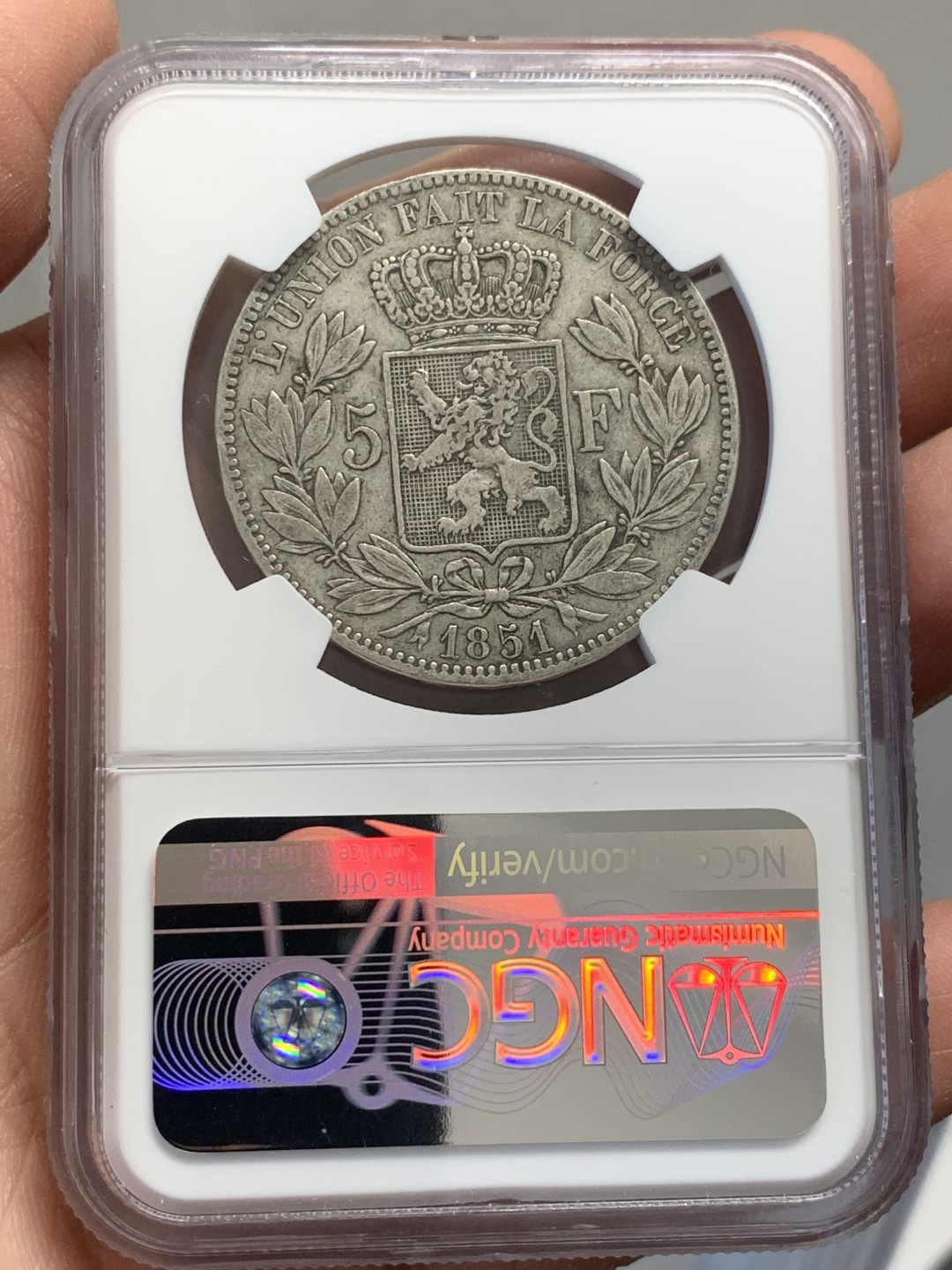 《竞宝斋》第131场-周日，周一连拍 (全场包邮) NGC-XF45 比利时1851年 利奥波德一世 5法郎大银币 原味好品