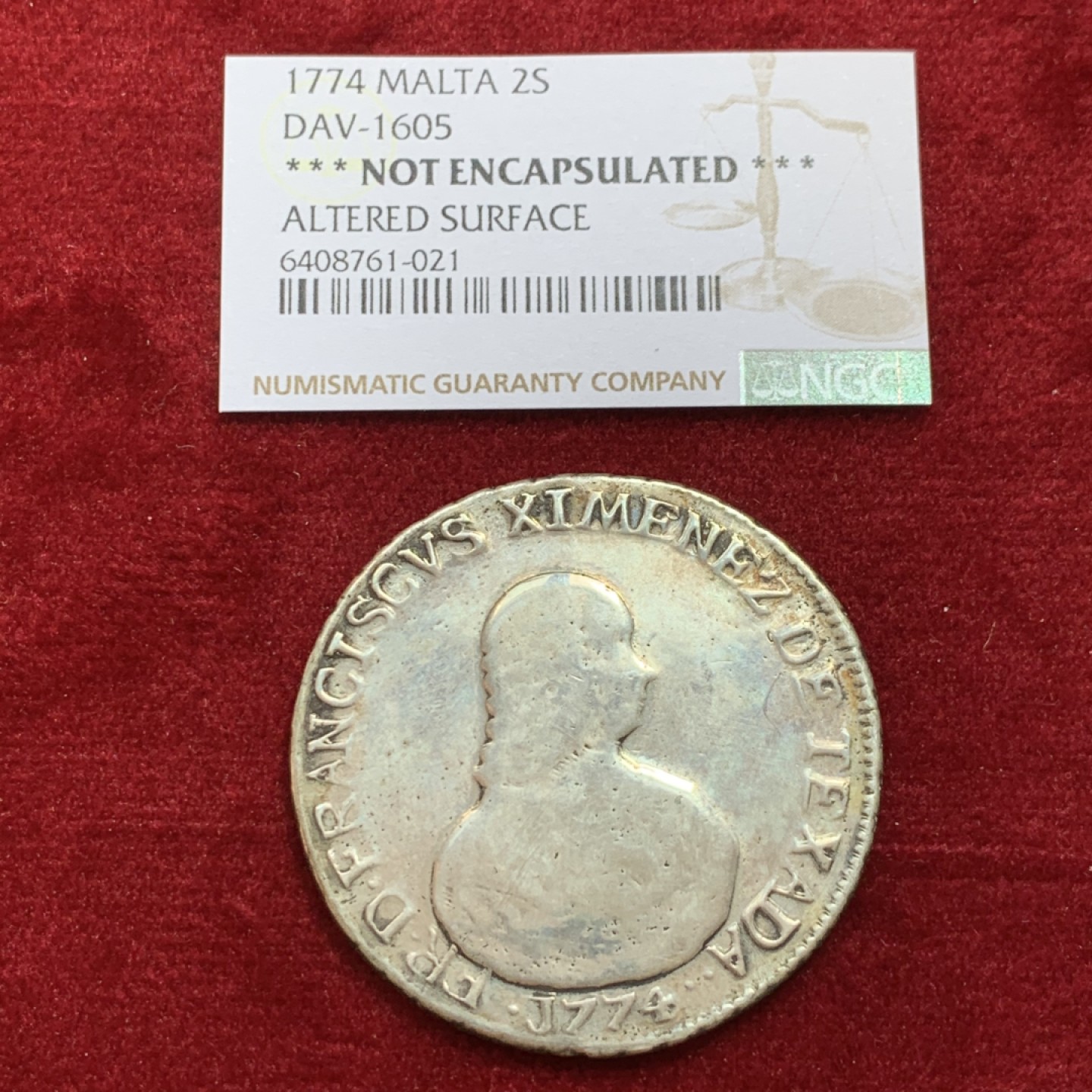 《竞宝斋》第131场-周日，周一连拍 (全场包邮) 马耳他 1774年 2S 大银币 23克 非常稀少的品种 N未给入盒 带标签上拍