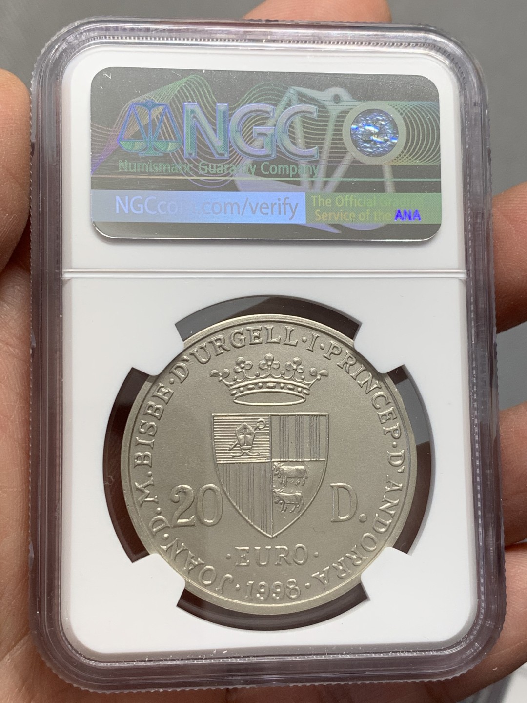 《竞宝斋》第131场-周日，周一连拍 (全场包邮) 唯一冠军分 NGC-MS69 安道尔1998年 人权宣言 20第纳尔大银币 含金1.5克 非常稀少