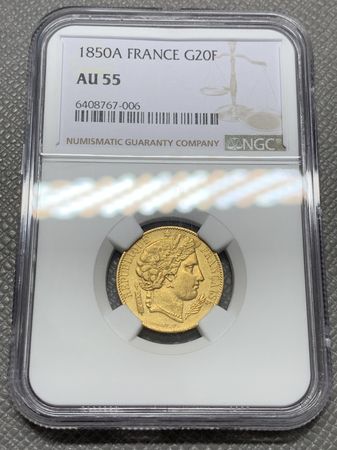 《竞宝斋》第131场-周日，周一连拍 (全场包邮) NGC-AU55 法国1850年 谷物女神 20法郎金币 少见品种