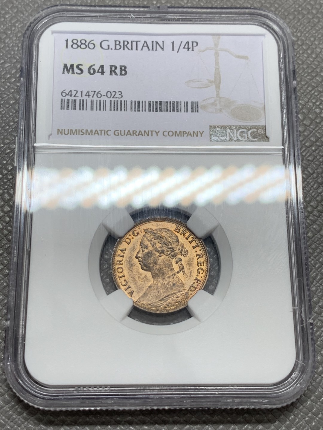 《竞宝斋》第131场-周日，周一连拍 (全场包邮) NGC MS64RB 1886年英国维多利亚1/4便士（法新）高分 原味铜币 带车轮光