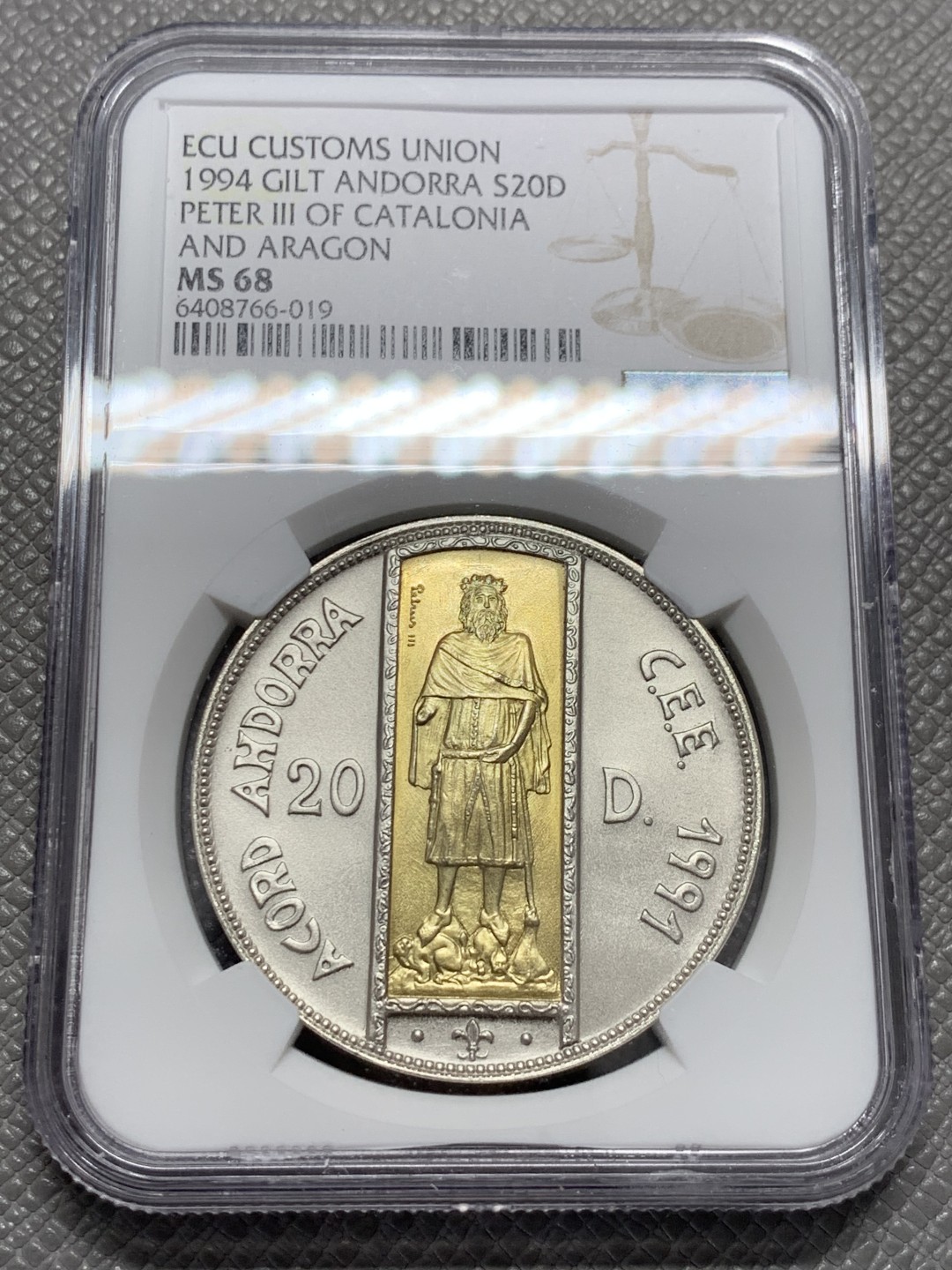 《竞宝斋》第131场-周日，周一连拍 (全场包邮) 唯一冠军分 NGC-MS68 安道尔1994年 巴塞罗那伯爵彼得三世 20第纳尔大银币 含金1.5克