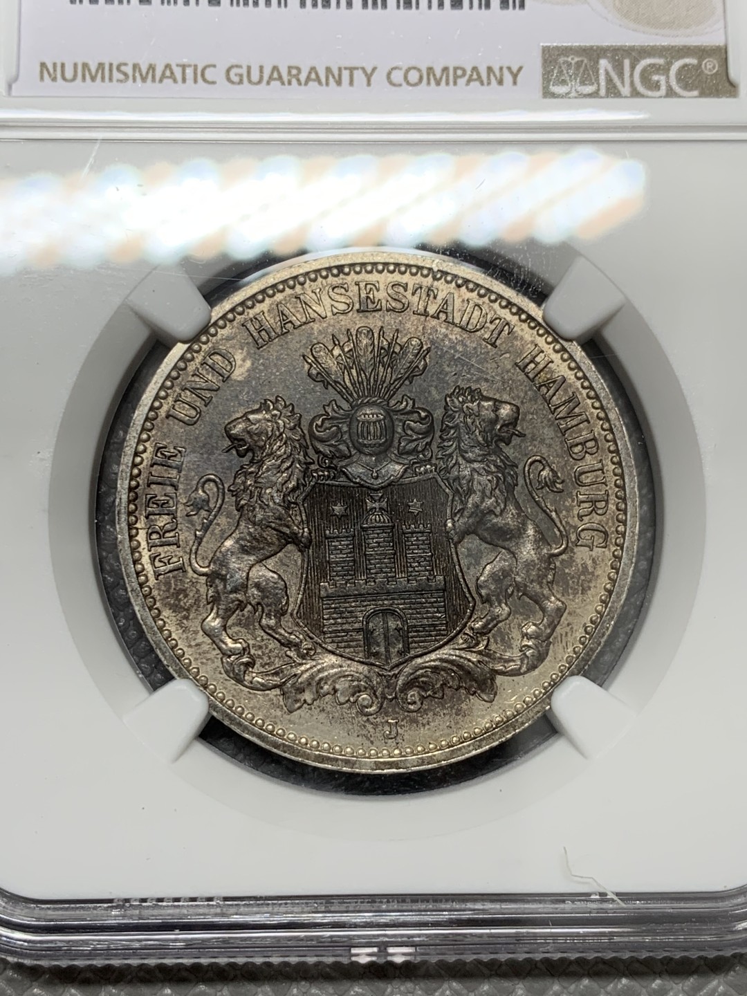 《竞宝斋》第131场-周日，周一连拍 (全场包邮) NGC MS62 1909年德国汉堡三马克黑彩原味品银币