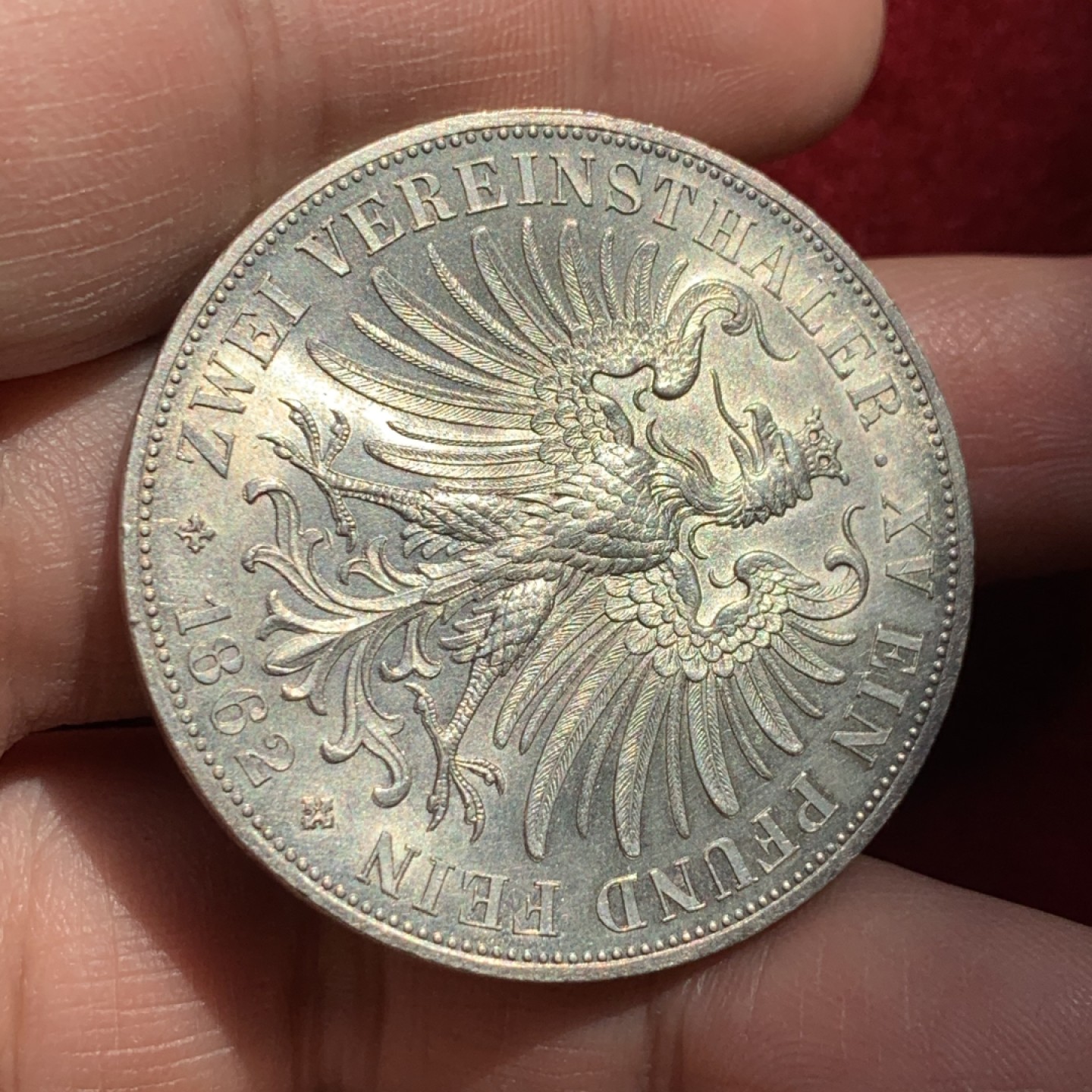 《竞宝斋》第131场-周日，周一连拍 (全场包邮) 1862年 法兰克福少女2泰勒银币，德系热门，UNC品相