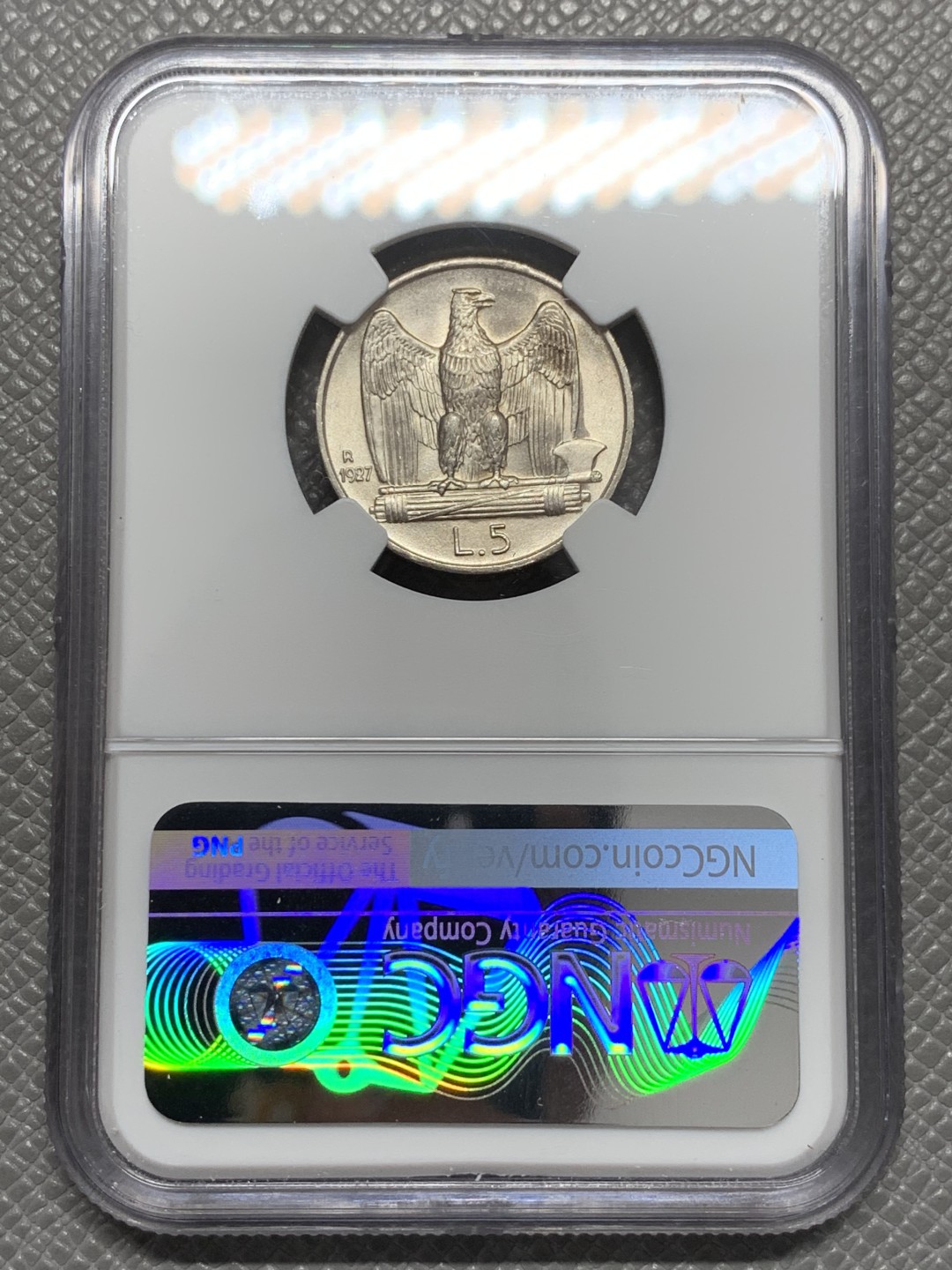 《竞宝斋》第131场-周日，周一连拍 (全场包邮) NGC-UNC 意大利1927年老鹰5里拉银币 **fert** 双星版 比较少见