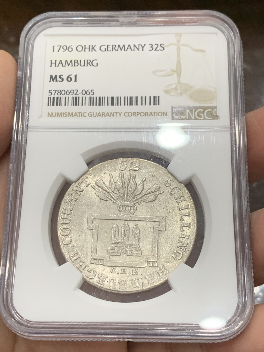 《竞宝斋》第131场-周日，周一连拍 (全场包邮) NGC-MS61 德国汉堡帝国自由市 1796年 32先令 早期双头鹰徽章 收藏级好状态