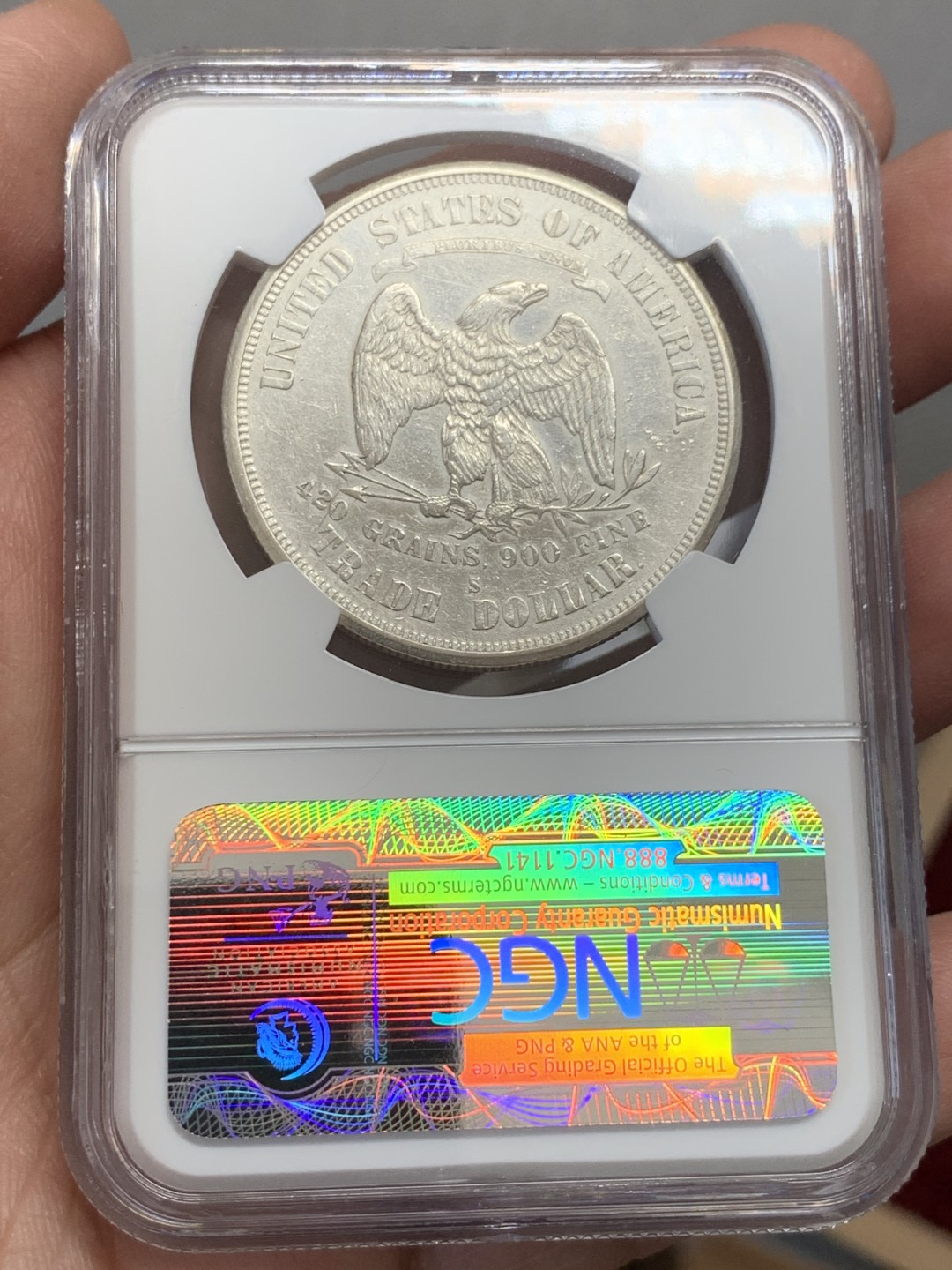 《竞宝斋》第131场-周日，周一连拍 (全场包邮) NGC-AU 美国 1874年 1美元 拿花贸易银 银币 细节保留的不错