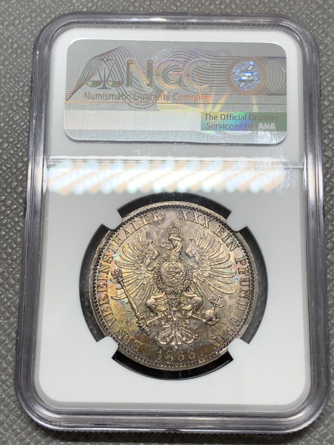 《竞宝斋》第131场-周日，周一连拍 (全场包邮) NGC MS61 1866年德国普鲁士1泰勒银币 五彩转光 非常漂亮