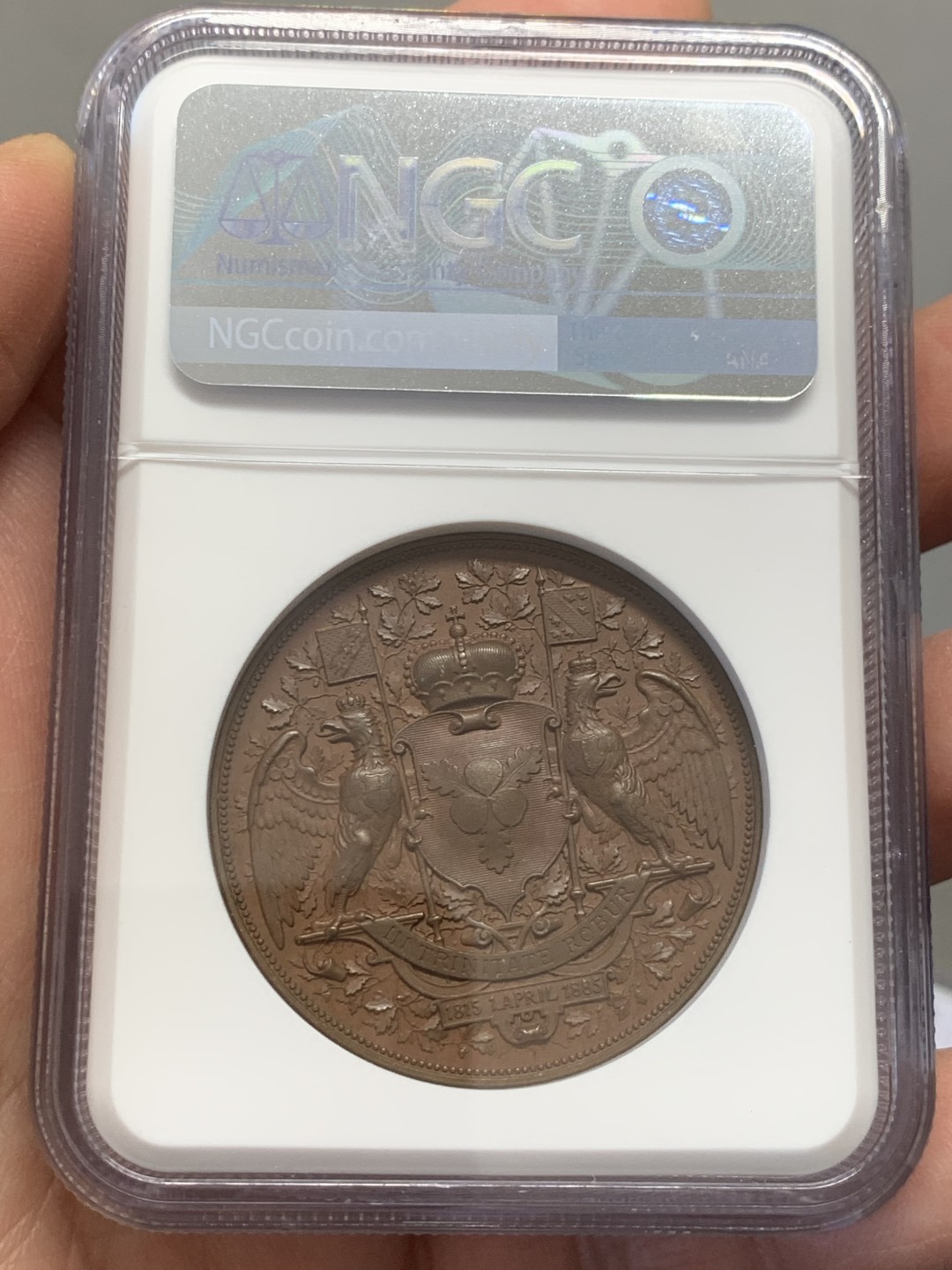 《竞宝斋》第131场-周日，周一连拍 (全场包邮) NGC MS64 1885年德国铁血宰相俾斯麦80大寿纪念铜章 高浮雕 刻画精美细腻 经典好章