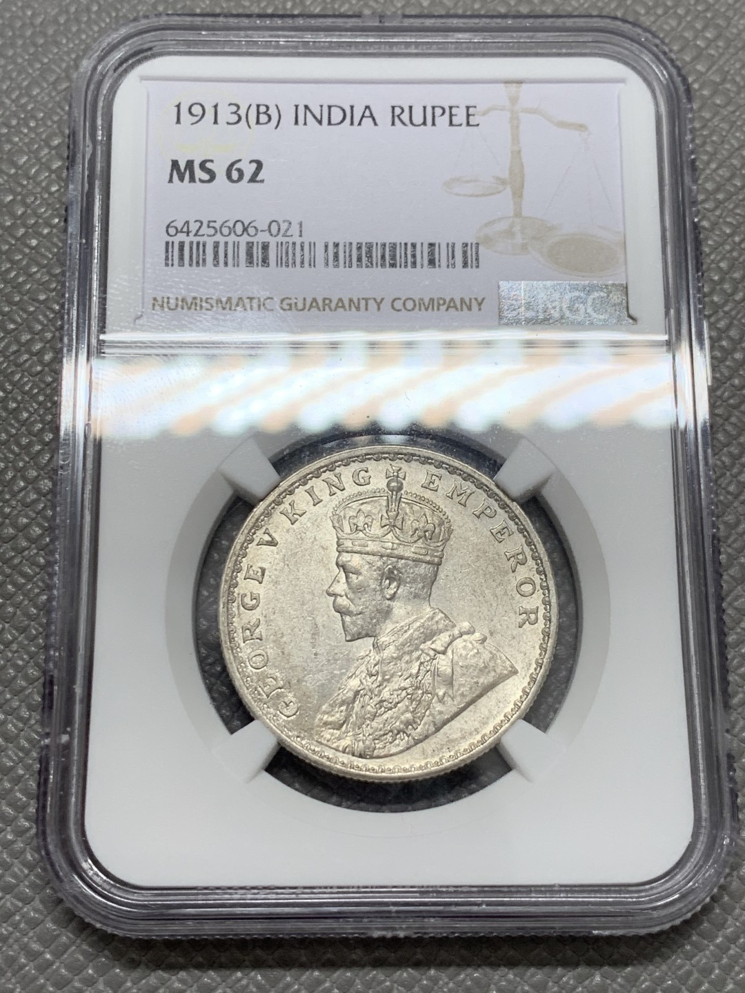 《竞宝斋》第131场-周日，周一连拍 (全场包邮) NGC-MS62印度1913年乔五1卢比 银币