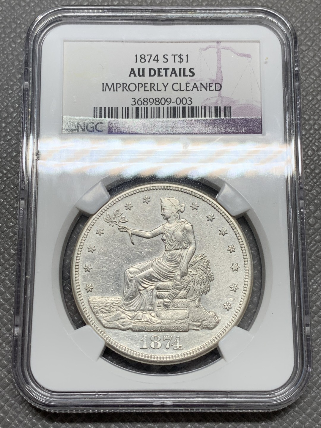 《竞宝斋》第131场-周日，周一连拍 (全场包邮) NGC-AU 美国 1874年 1美元 拿花贸易银 银币 细节保留的不错