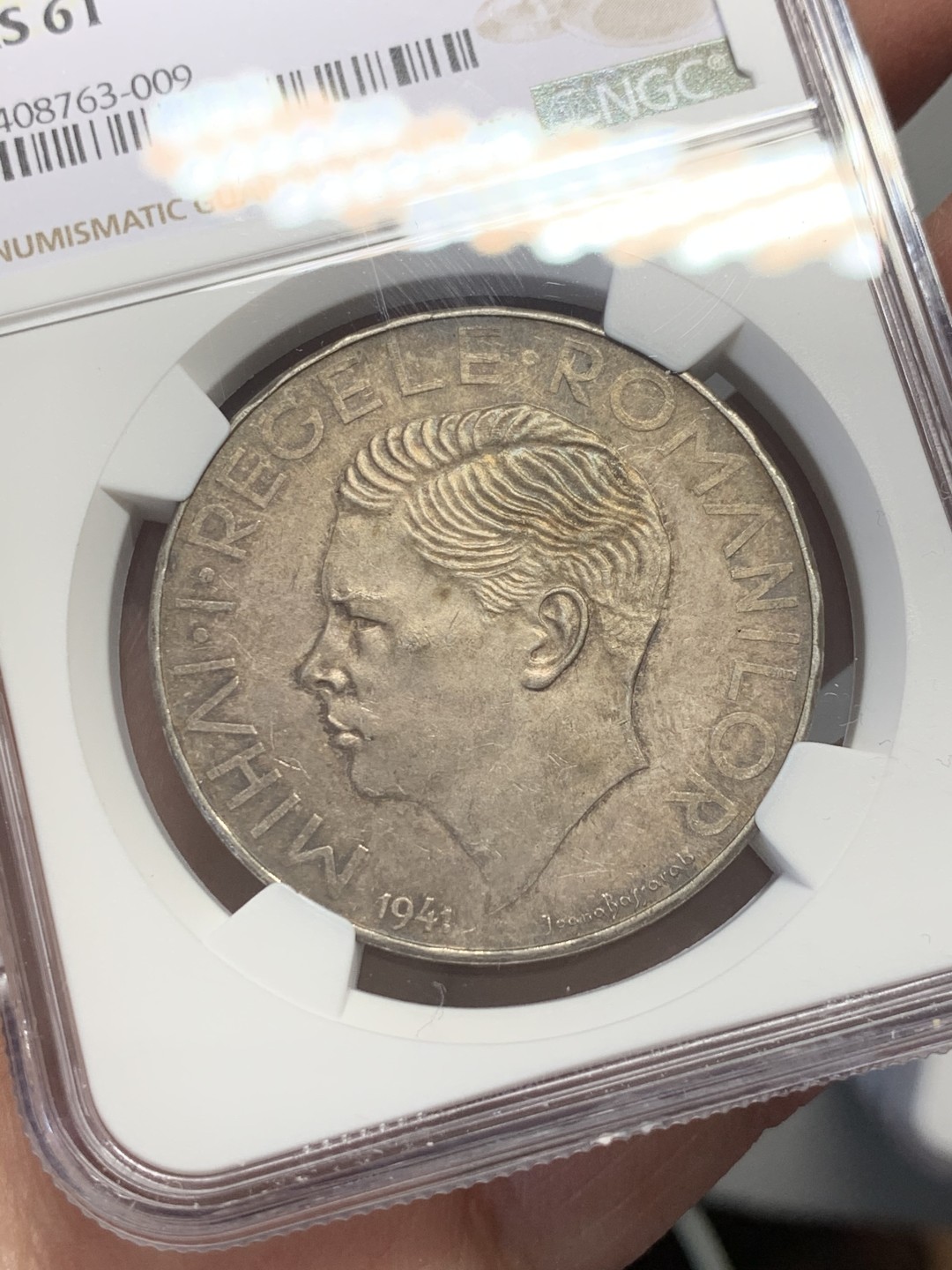 《竞宝斋》第131场-周日，周一连拍 (全场包邮) NGC-MS61 罗马尼亚1941年 500列伊大银币 带彩 500比10000那个面值稀少很多 暴涨的品种