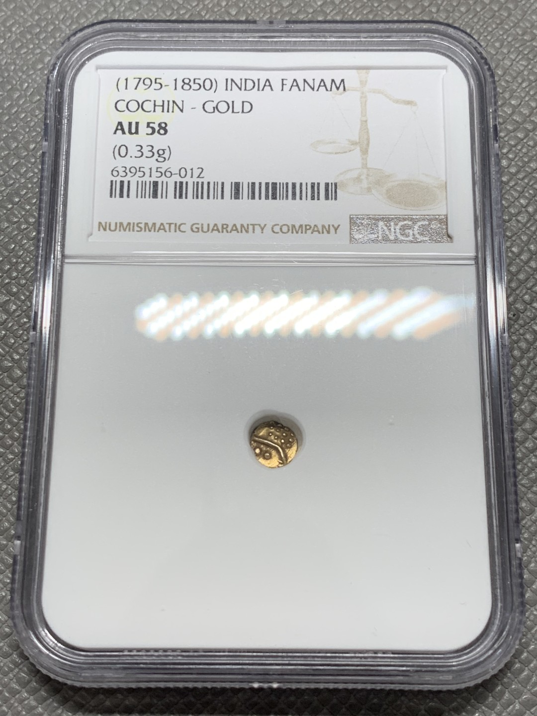 《竞宝斋》第131场-周日，周一连拍 (全场包邮) NGC-AU58 印度1795年 卡钦 FANAM金币 少见品种