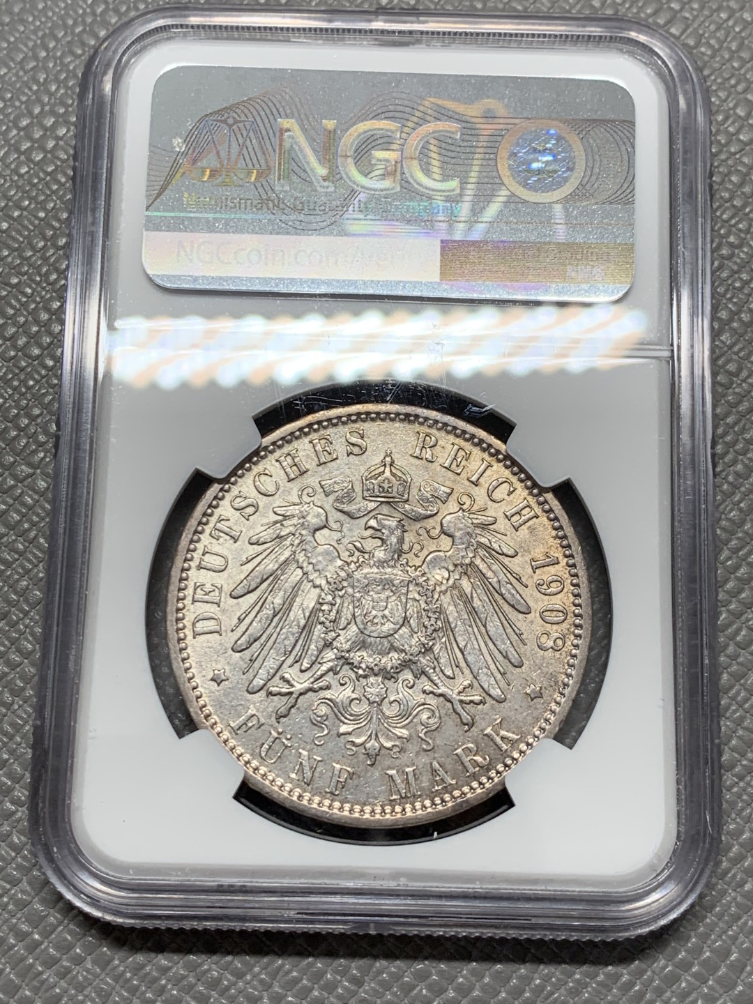 《竞宝斋》第131场-周日，周一连拍 (全场包邮) NGC-AU58 德国汉堡1908年 双狮5马克大银币 带彩包浆 非常漂亮