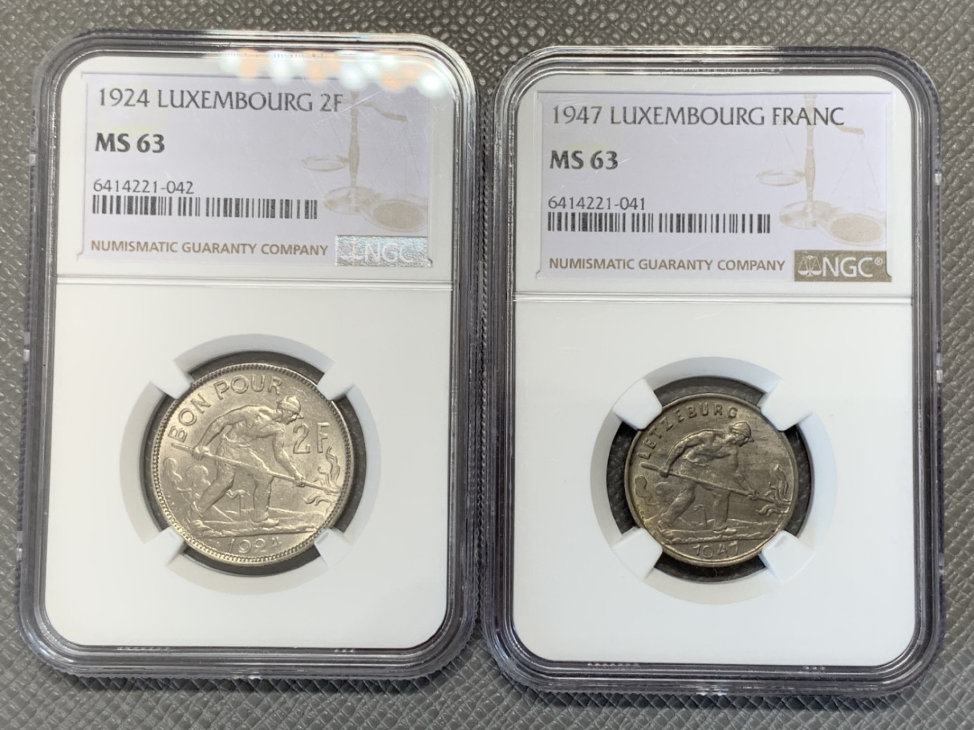 《竞宝斋》第131场-周日，周一连拍 (全场包邮) NGC-MS63 卢森堡 1924年2法郎 1947年1法郎一对 少见品种，流通币里面这样的好状态很难得