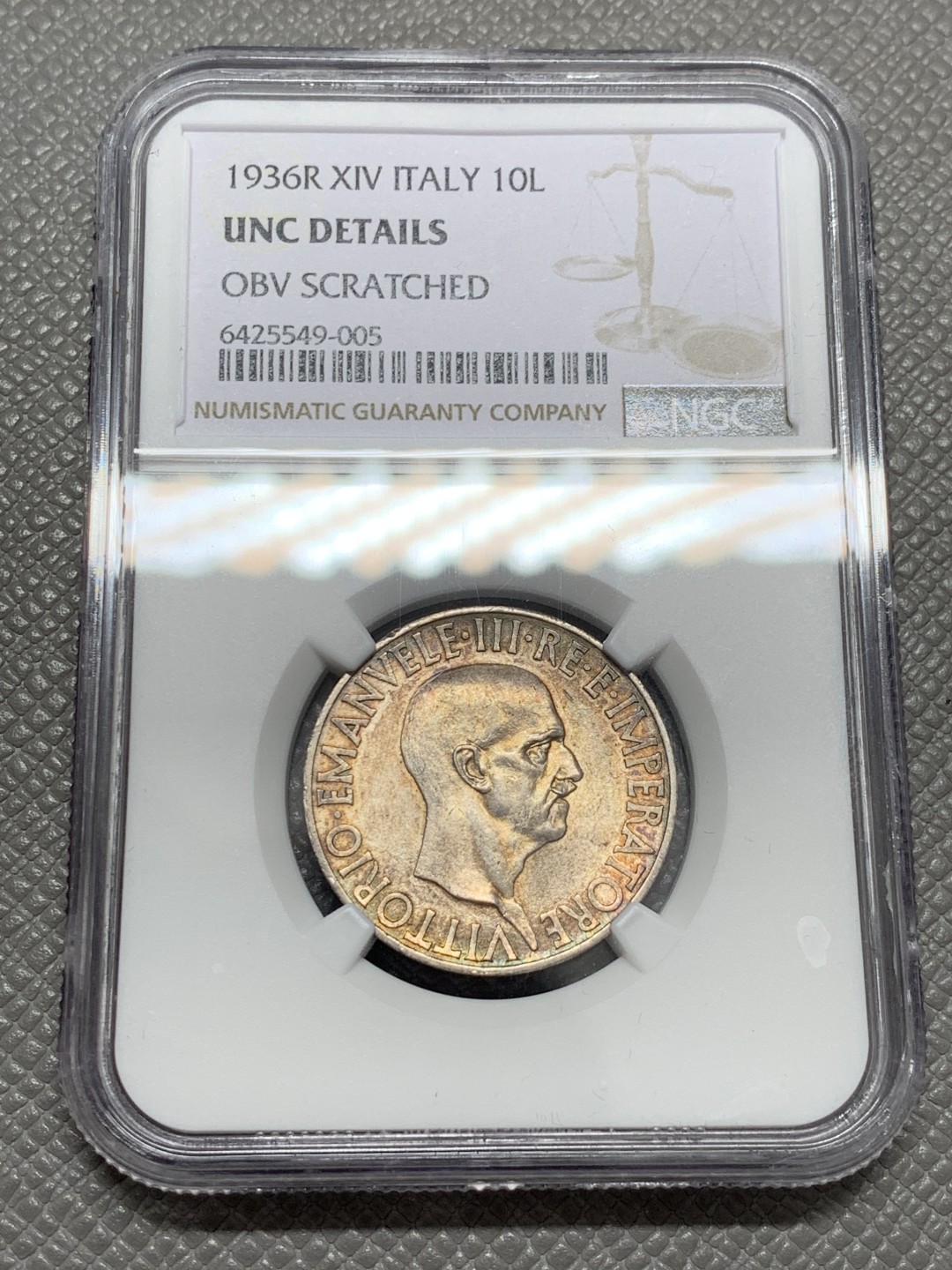 《竞宝斋》第131场-周日，周一连拍 (全场包邮) NGC UNCD 意大利1936年10里拉银币 改版的妹妹站船头形象更具力量和权利的象征