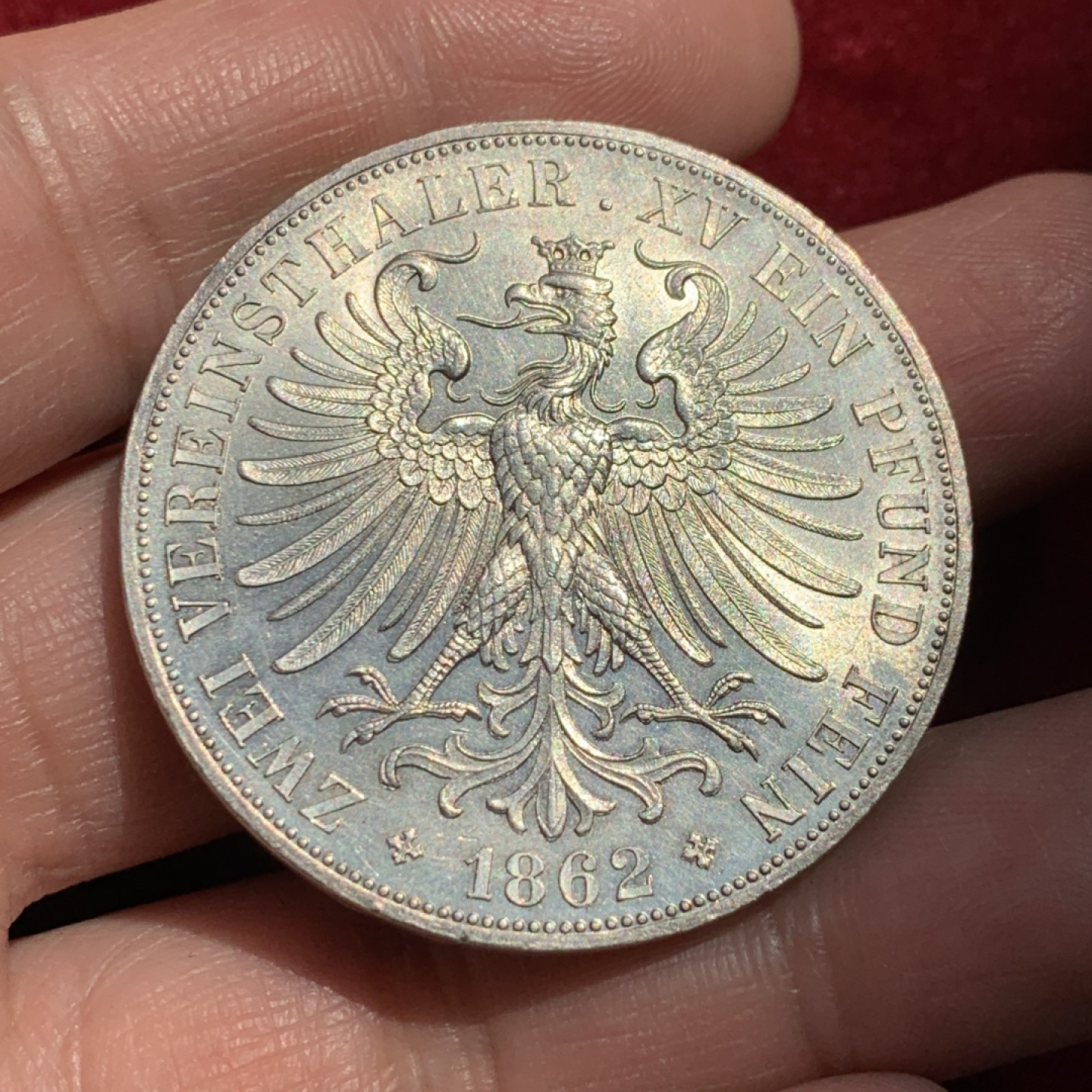 《竞宝斋》第131场-周日，周一连拍 (全场包邮) 1862年 法兰克福少女2泰勒银币，德系热门，UNC品相