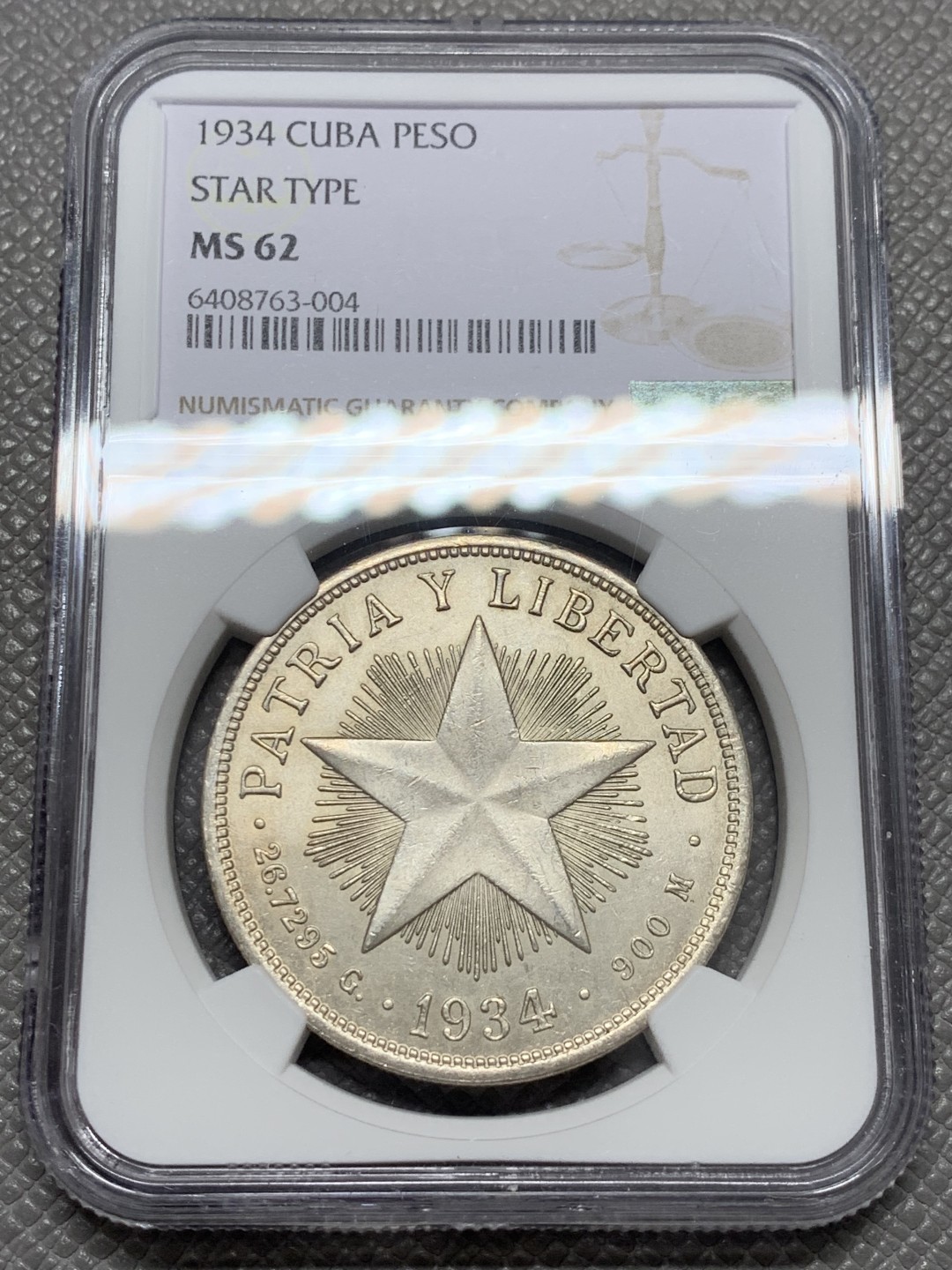 《竞宝斋》第131场-周日，周一连拍 (全场包邮) NGC-MS62 古巴1934年 大五星1比索大银币 暴涨品种