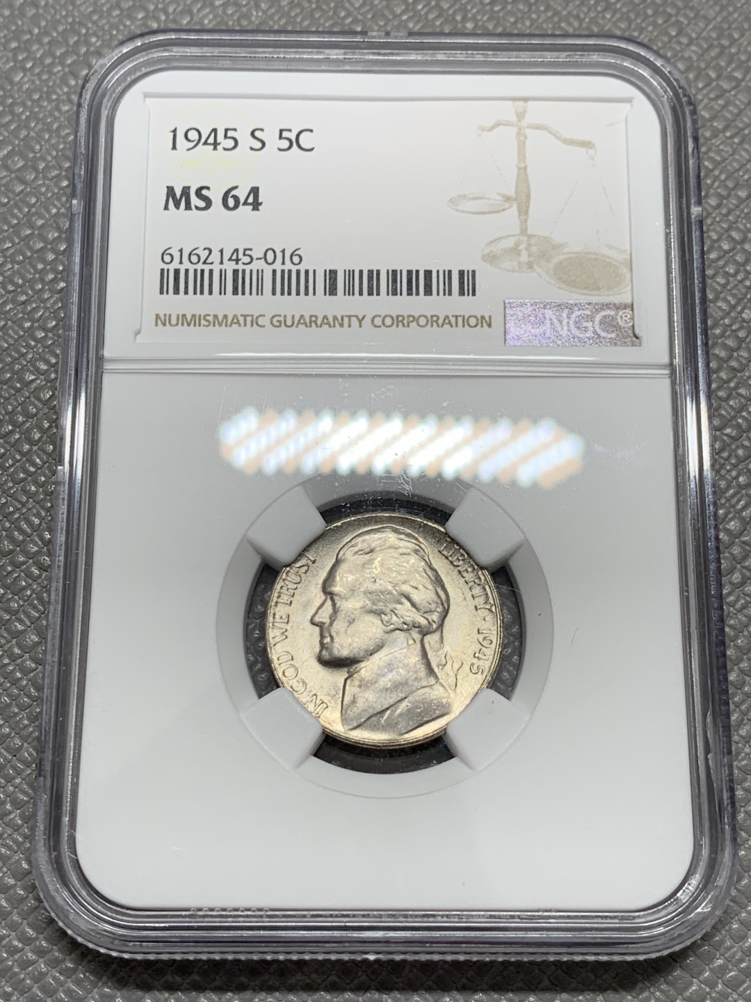 《竞宝斋》第131场-周日，周一连拍 (全场包邮) NGC-MS64 美国 1945年 杰弗逊战时5美分（含银版，仅1942-1945战时版含银）