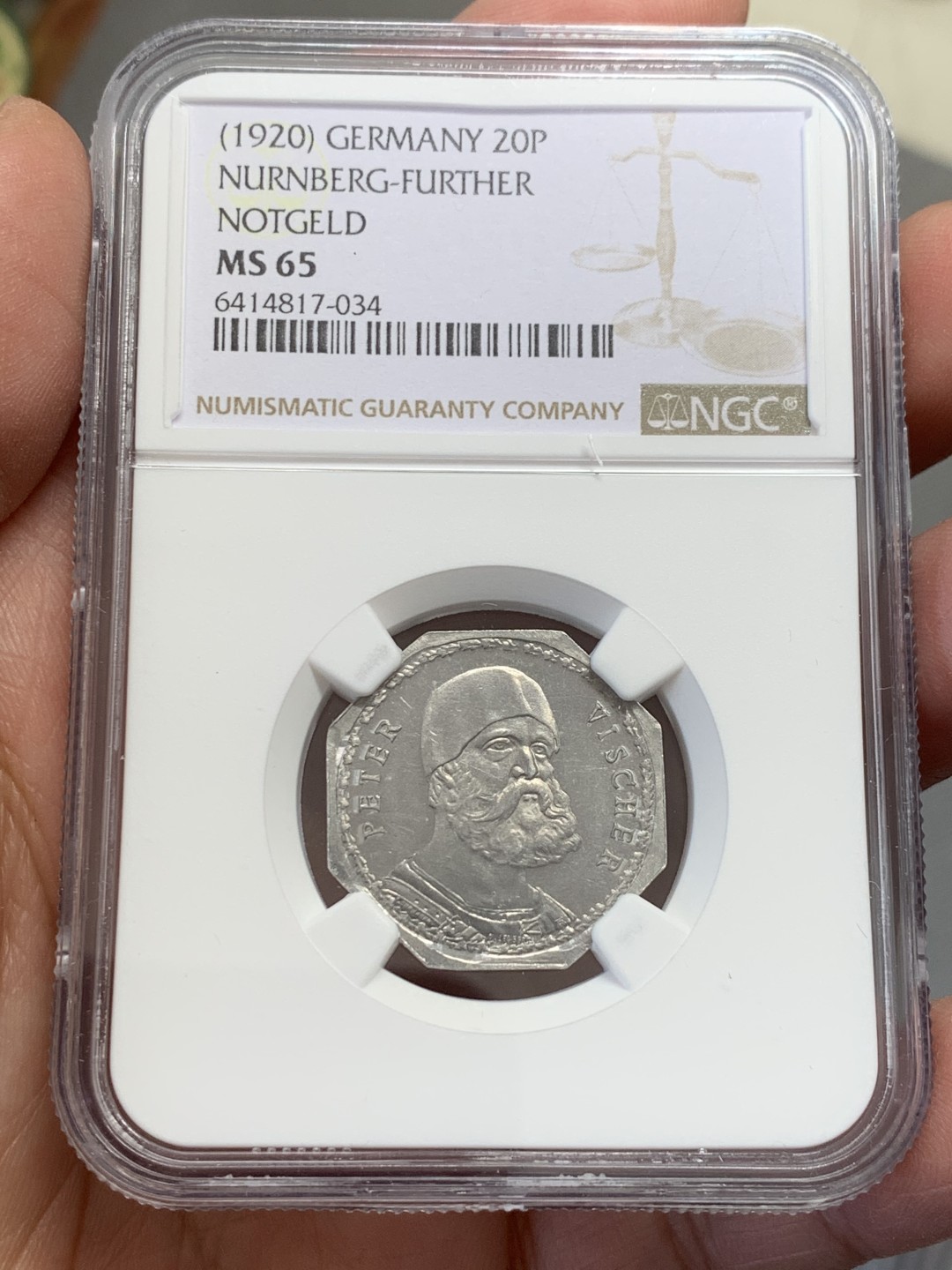 《竞宝斋》第131场-周日，周一连拍 (全场包邮) NGC MS65 德国 1920年 高分纽伦堡 20盆尼 紧急代用币 人像很不错