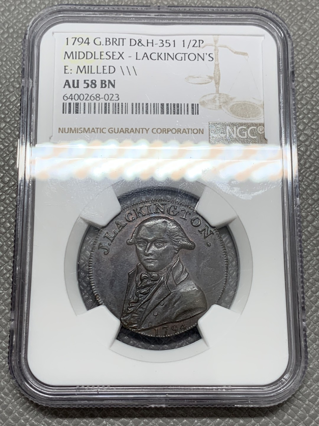 《竞宝斋》第131场-周日，周一连拍 (全场包邮) NGC AU58BN 1794 年英国米德尔塞克斯 J. 拉金顿 1/2 便士代币 稀少品存在