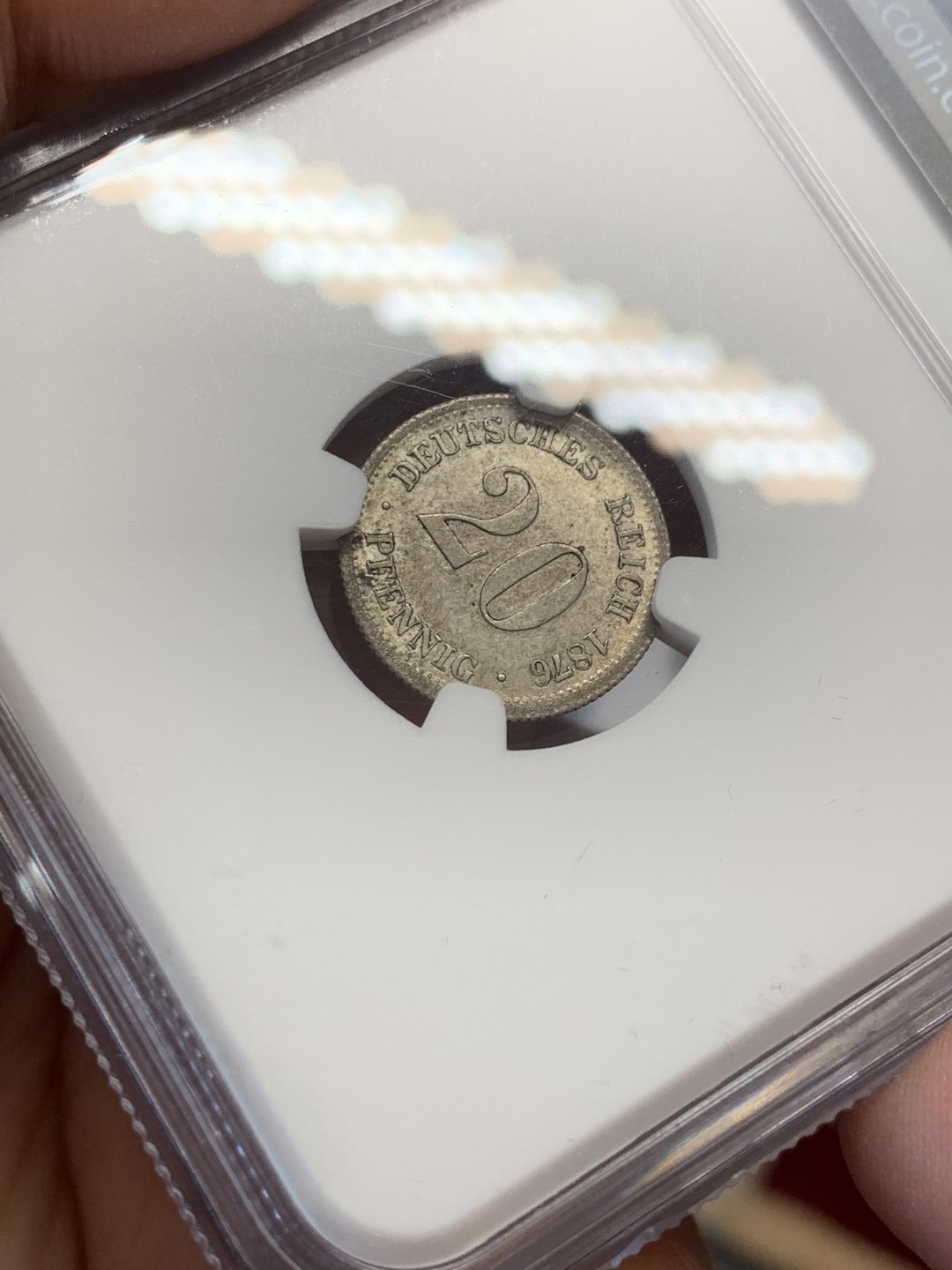 《竞宝斋》第131场-周日，周一连拍 (全场包邮) NGC-MS63 德国 1876年 短翅20芬尼银币 淡灰包浆 无可挑剔的分数