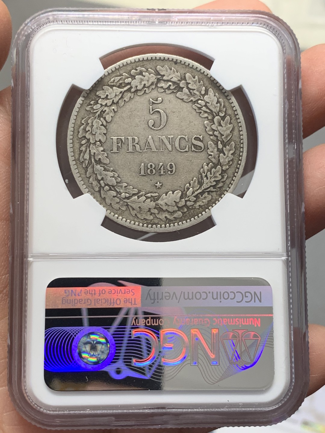 《竞宝斋》第131场-周日，周一连拍 (全场包邮) NGC-XF45 比利时1849年 辫子头早期年份 5法郎大银币 原味好品