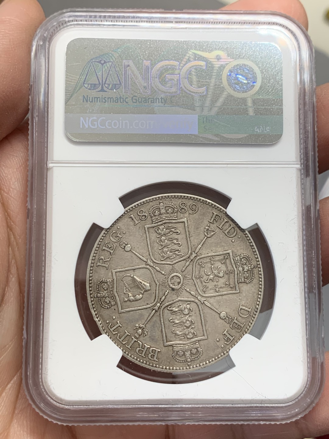 《竞宝斋》第131场-周日，周一连拍 (全场包邮) NGC XF 英国1889年维多利亚高冠双弗洛林大银币