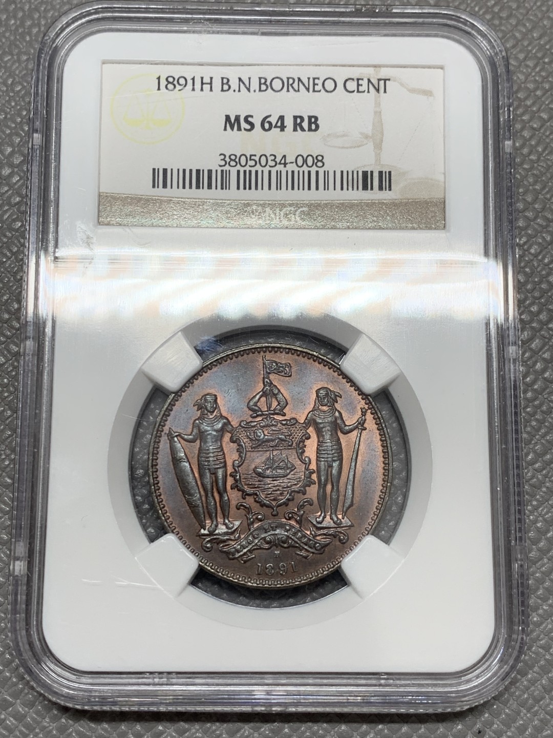 《竞宝斋》第131场-周日，周一连拍 (全场包邮) NGC-MS64RB 北婆罗洲 1891-H 洋元一分 严重低评 66底板 底光柔和平滑温润 令人爱不释手