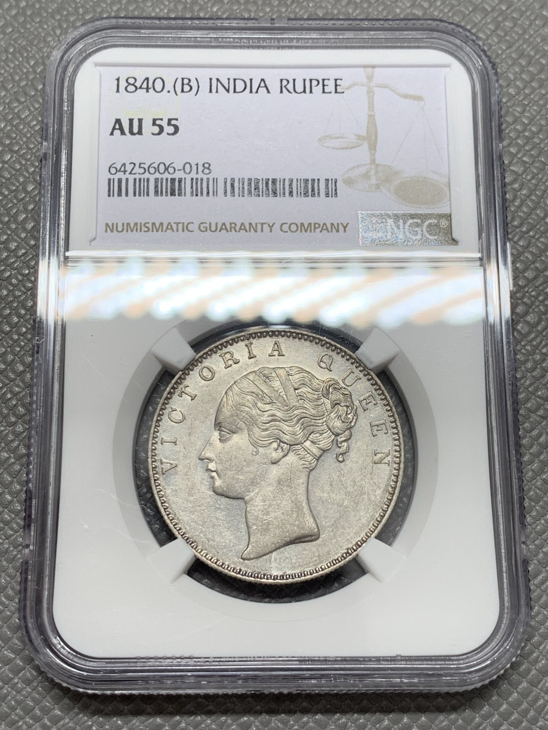 《竞宝斋》第131场-周日，周一连拍 (全场包邮) NGC-AU55印度1840B年单辫1卢比 银币 小维单辫卢比有分少见