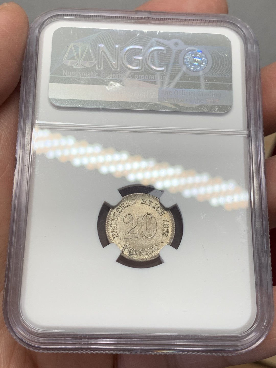 《竞宝斋》第131场-周日，周一连拍 (全场包邮) NGC-MS63 德国 1876年 短翅20芬尼银币 淡灰包浆 无可挑剔的分数