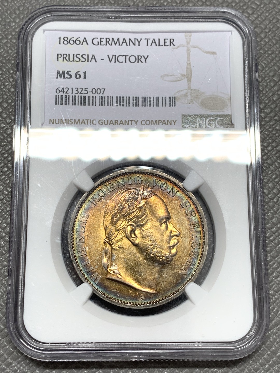 《竞宝斋》第131场-周日，周一连拍 (全场包邮) NGC MS61 1866年德国普鲁士1泰勒银币 五彩转光 非常漂亮